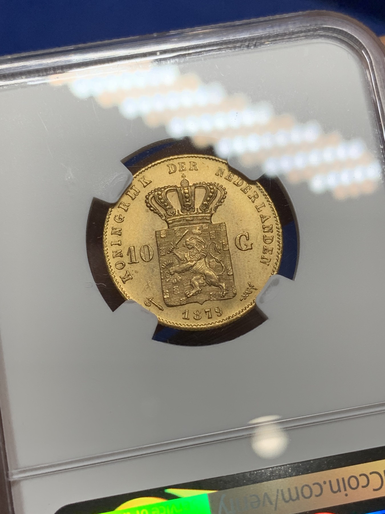 《竞宝斋》第224场-周日，周一，周二 3场 (全场包邮) NGC-MS64 1879荷兰威廉三世10盾金币 早期年份 顶级品相 难得 6.729克 900金