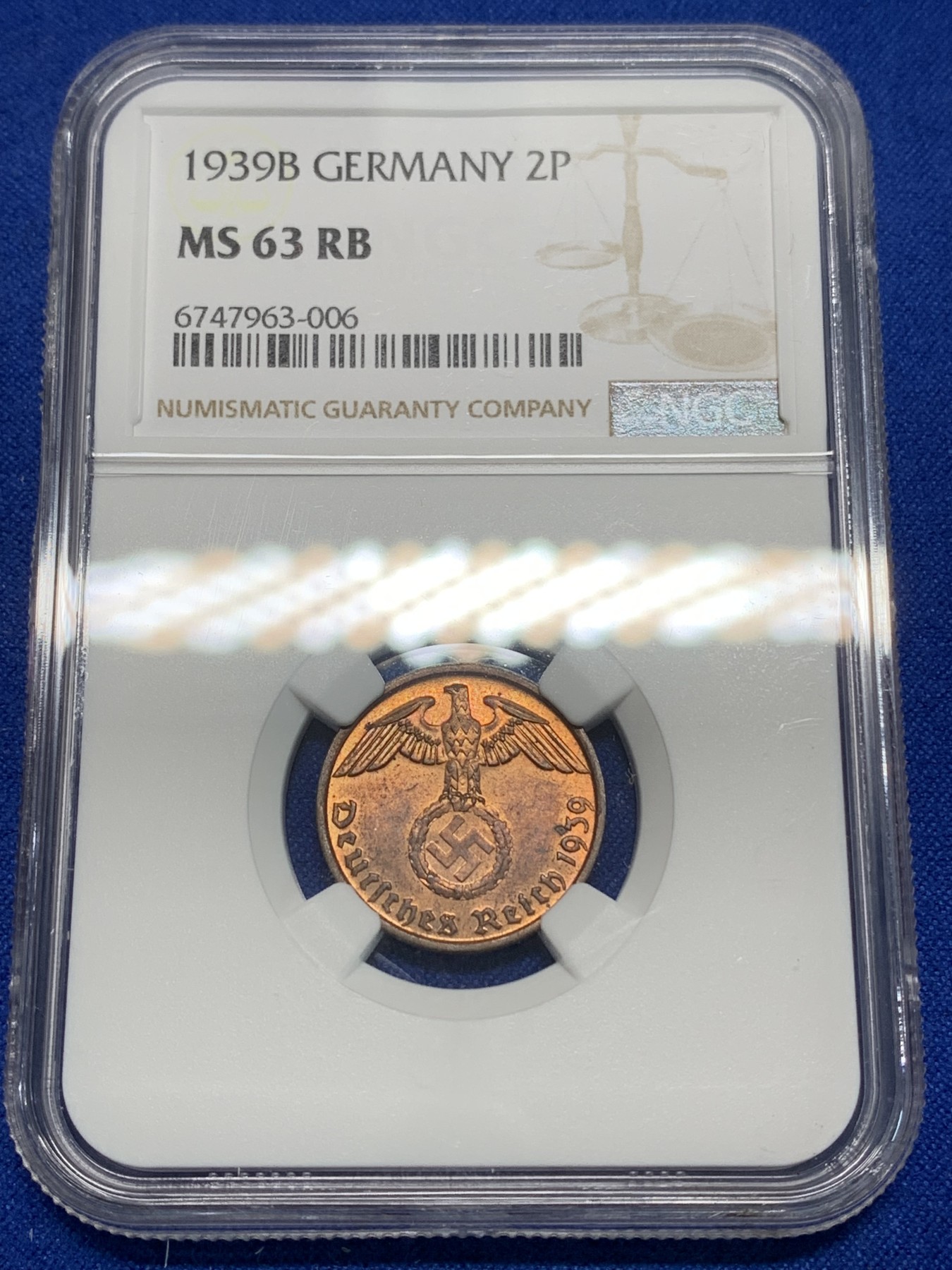 《竞宝斋》第224场-周日，周一，周二 3场 (全场包邮) NGC MS63RB 1939B德国2芬尼 高分难求