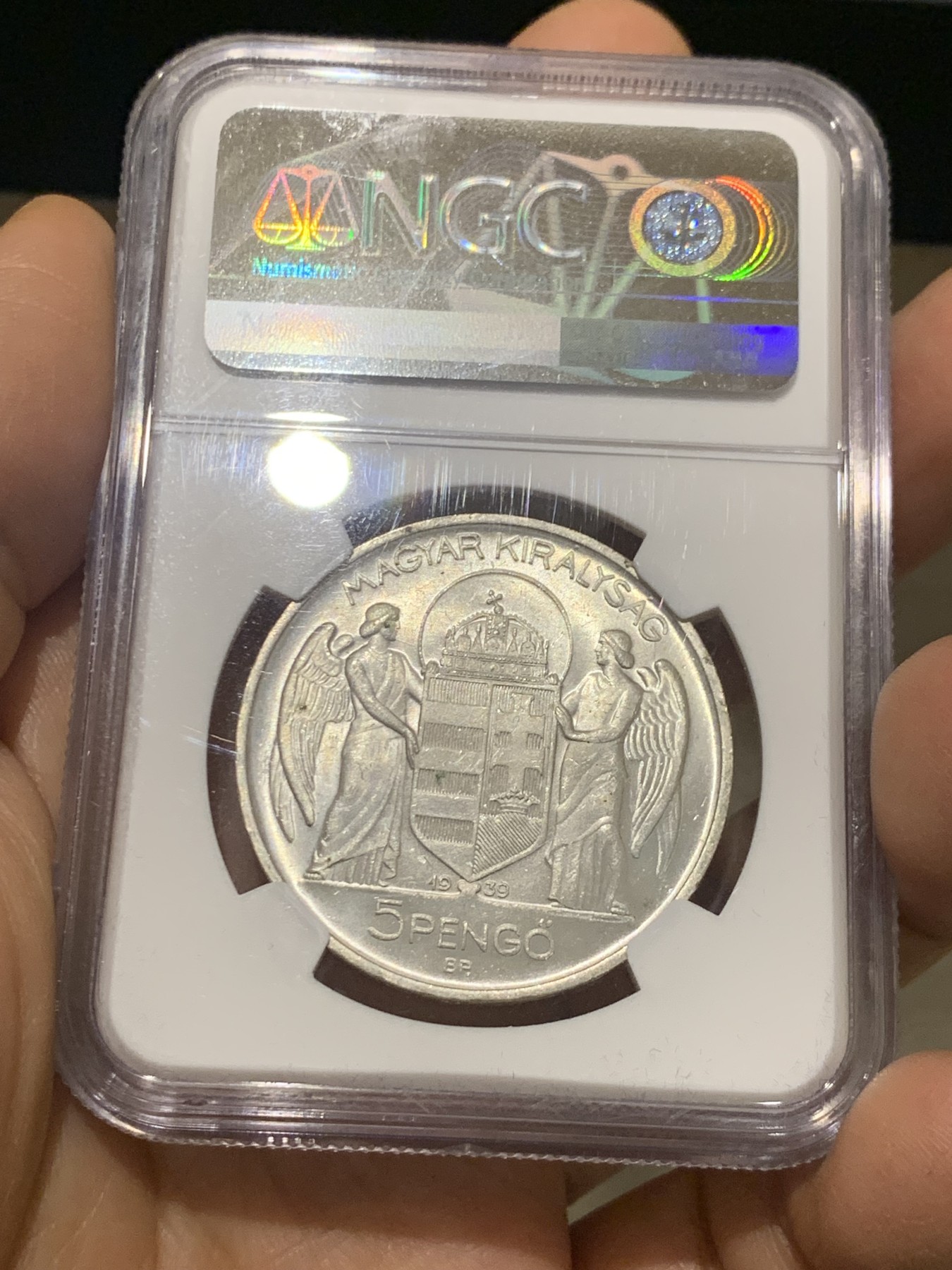 《竞宝斋》第224场-周日，周一，周二 3场 (全场包邮) NGC-MS63+ 1939年BP版匈牙利王国5潘果银币，正面著名摄政王霍尔蒂，高分经典品种