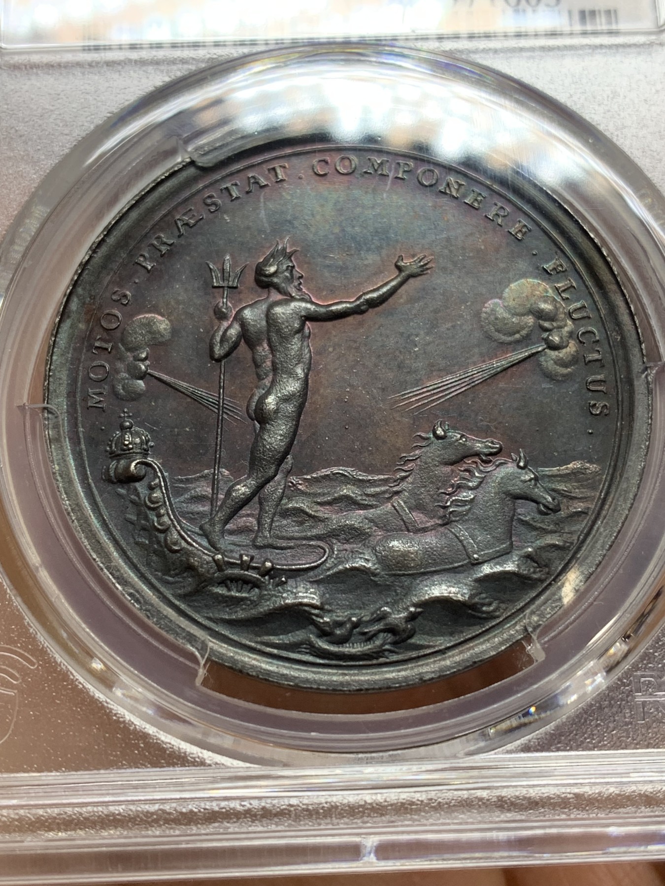 《竞宝斋》第224场-周日，周一，周二 3场 (全场包邮) 唯一冠军分 PCGS MS65 荷兰1696银章，阿姆斯特丹平息叛乱，该品种好品极少，此枚磨砂酱彩极品。