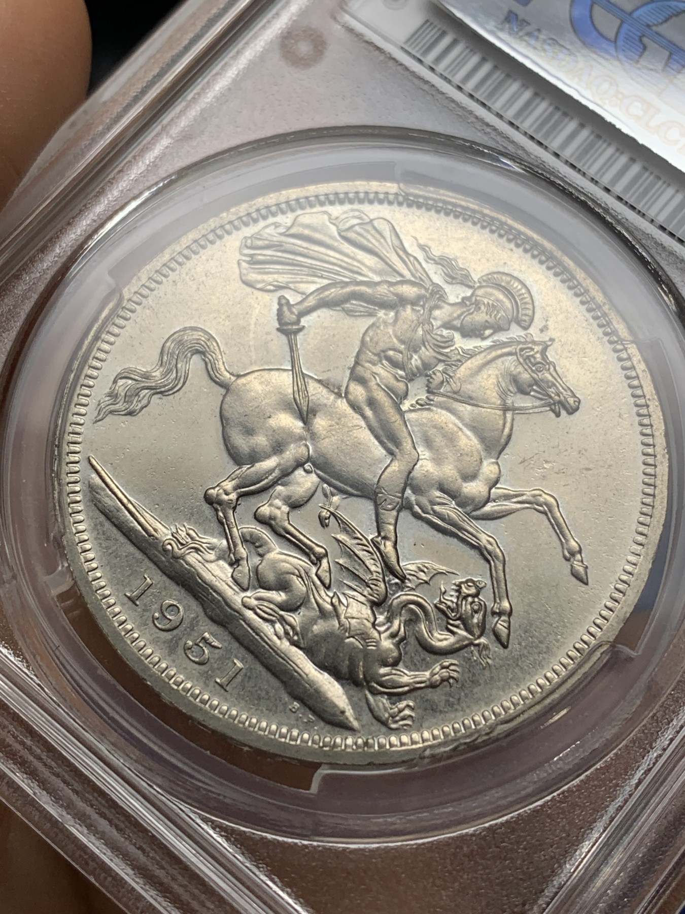 《竞宝斋》第224场-周日，周一，周二 3场 (全场包邮) PCGS PR61 英国1951年乔治六世精制镍马剑一克朗 精制版本很少见