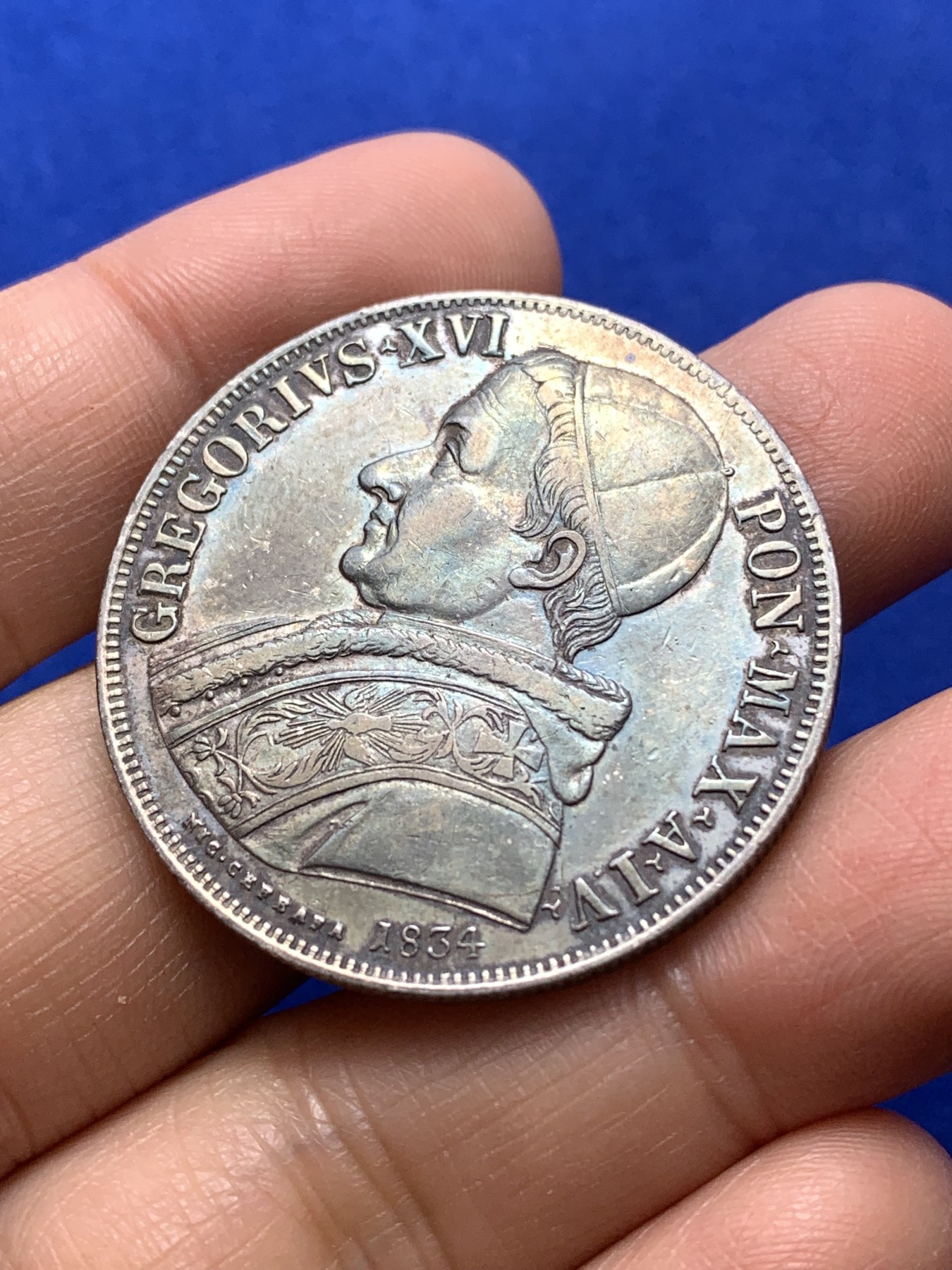 《竞宝斋》第224场-周日，周一，周二 3场 (全场包邮) 意大利教皇国1834年耶稣诞生纪念1斯库多大银币 原味好品