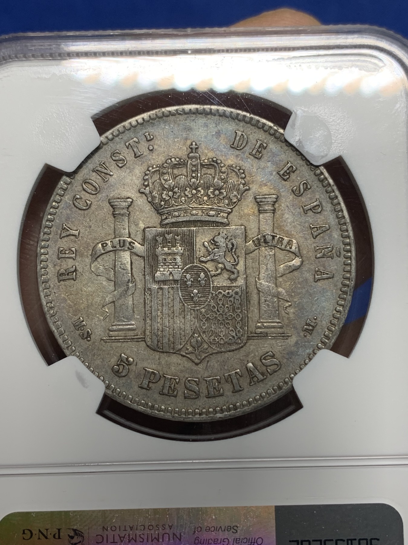 《竞宝斋》第224场-周日，周一，周二 3场 (全场包邮) NGC-XF45 西班牙1885年 阿方索十二世 5比塞塔双柱大银币