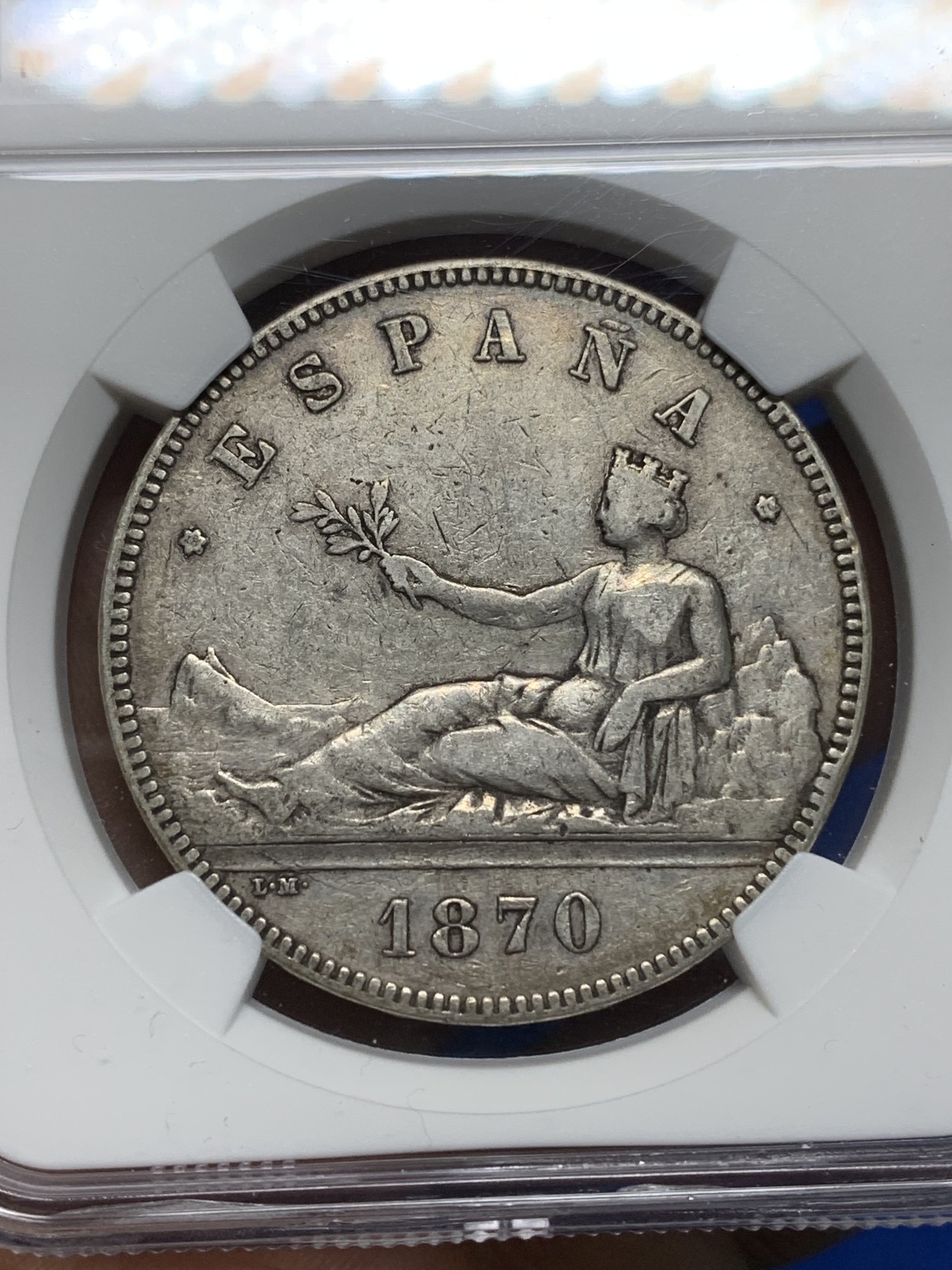 《竞宝斋》第224场-周日，周一，周二 3场 (全场包邮) NGC VF35 西班牙1870年拿花5比塞塔大银币