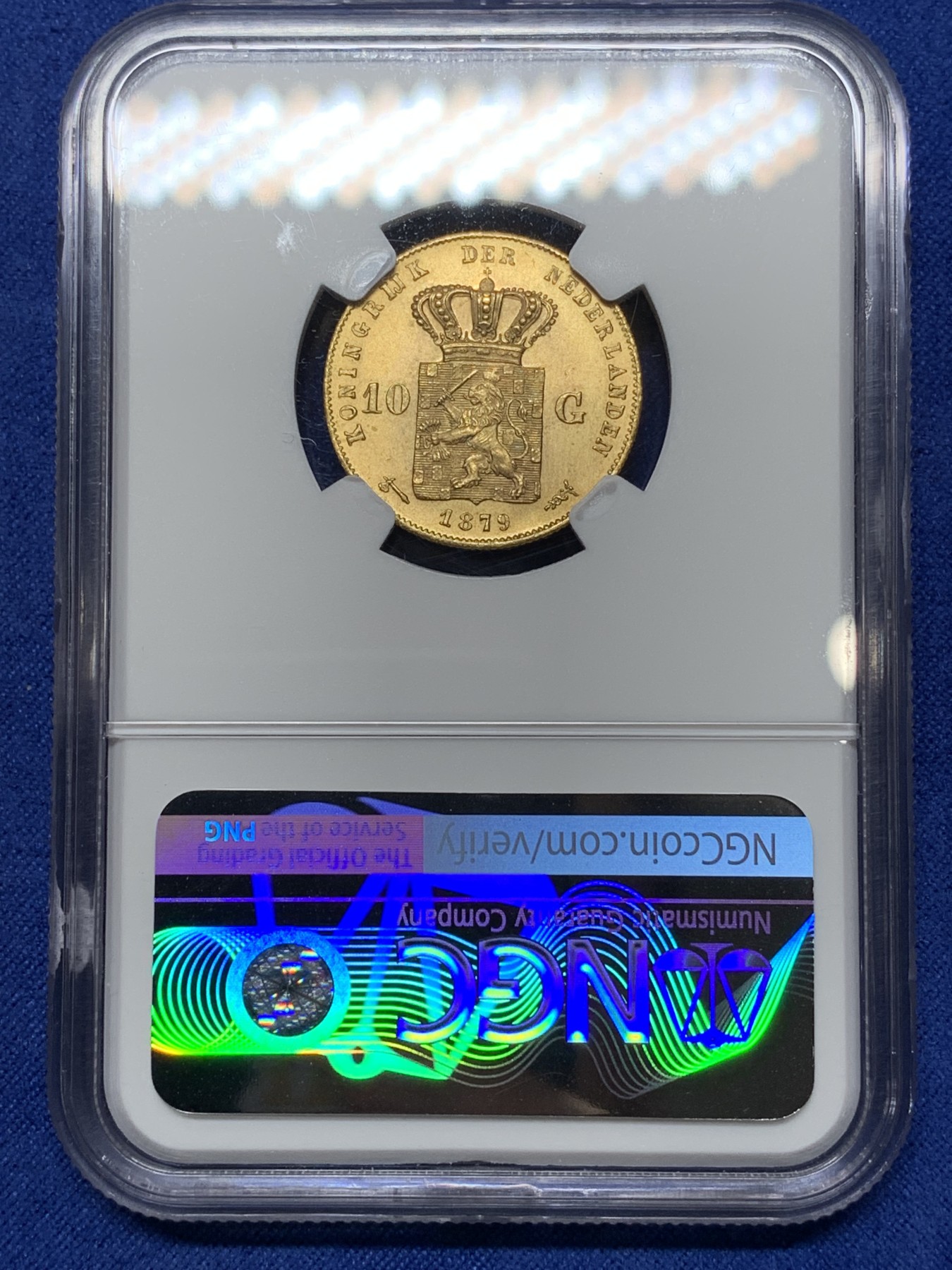 《竞宝斋》第224场-周日，周一，周二 3场 (全场包邮) NGC-MS64 1879荷兰威廉三世10盾金币 早期年份 顶级品相 难得 6.729克 900金