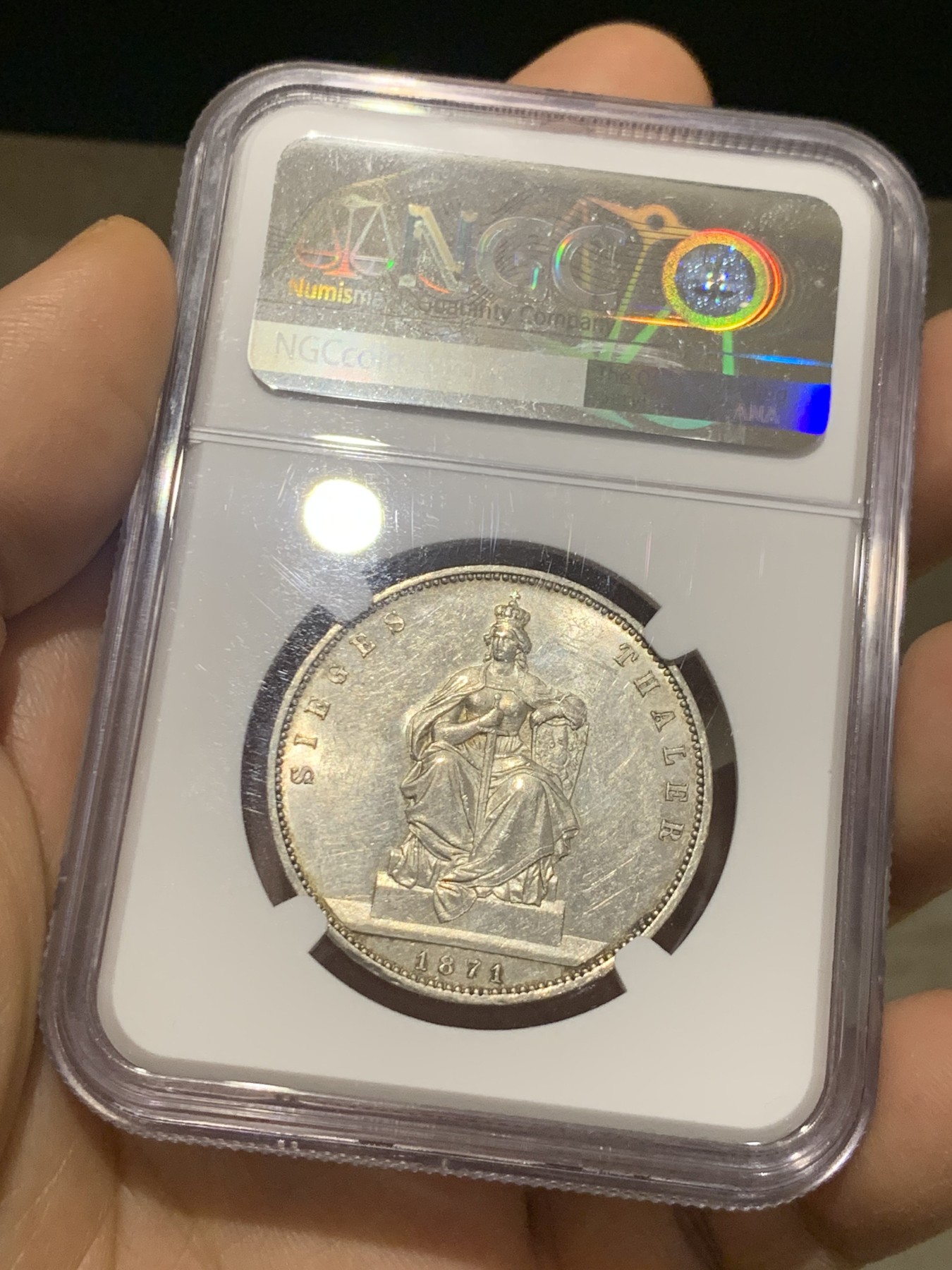 《竞宝斋》第224场-周日，周一，周二 3场 (全场包邮) NGC-AU55 德国1871年A普鲁士胜利泰勒，原味包浆 58分的状态 确实低评了