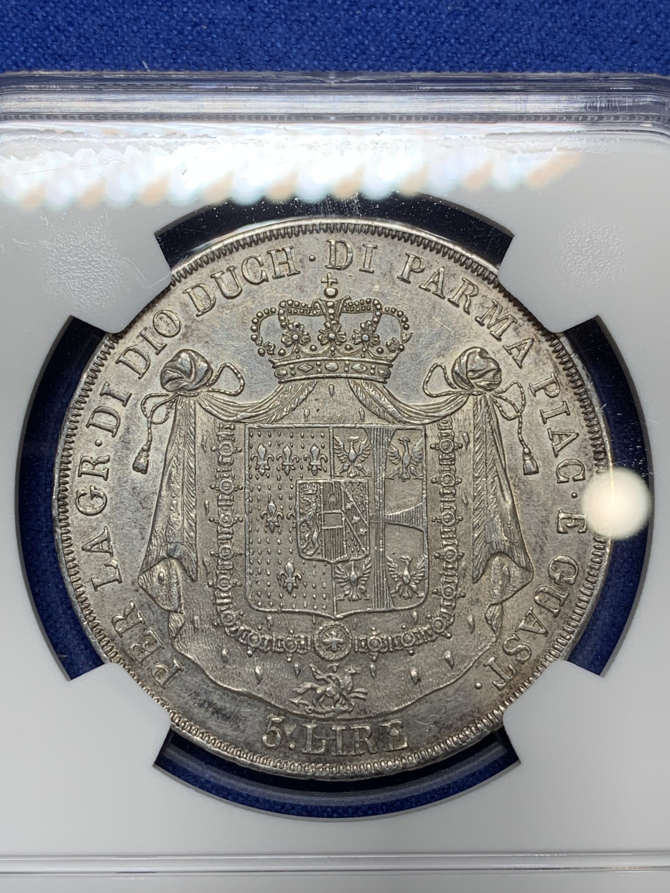 《竞宝斋》第224场-周日，周一，周二 3场 (全场包邮) NGC AU58 意大利1815年帕尔马5里拉银币，原味好细节，性价比好，近年热门品种，日本AW拍卖的63分达到了创纪录4.5万人民币