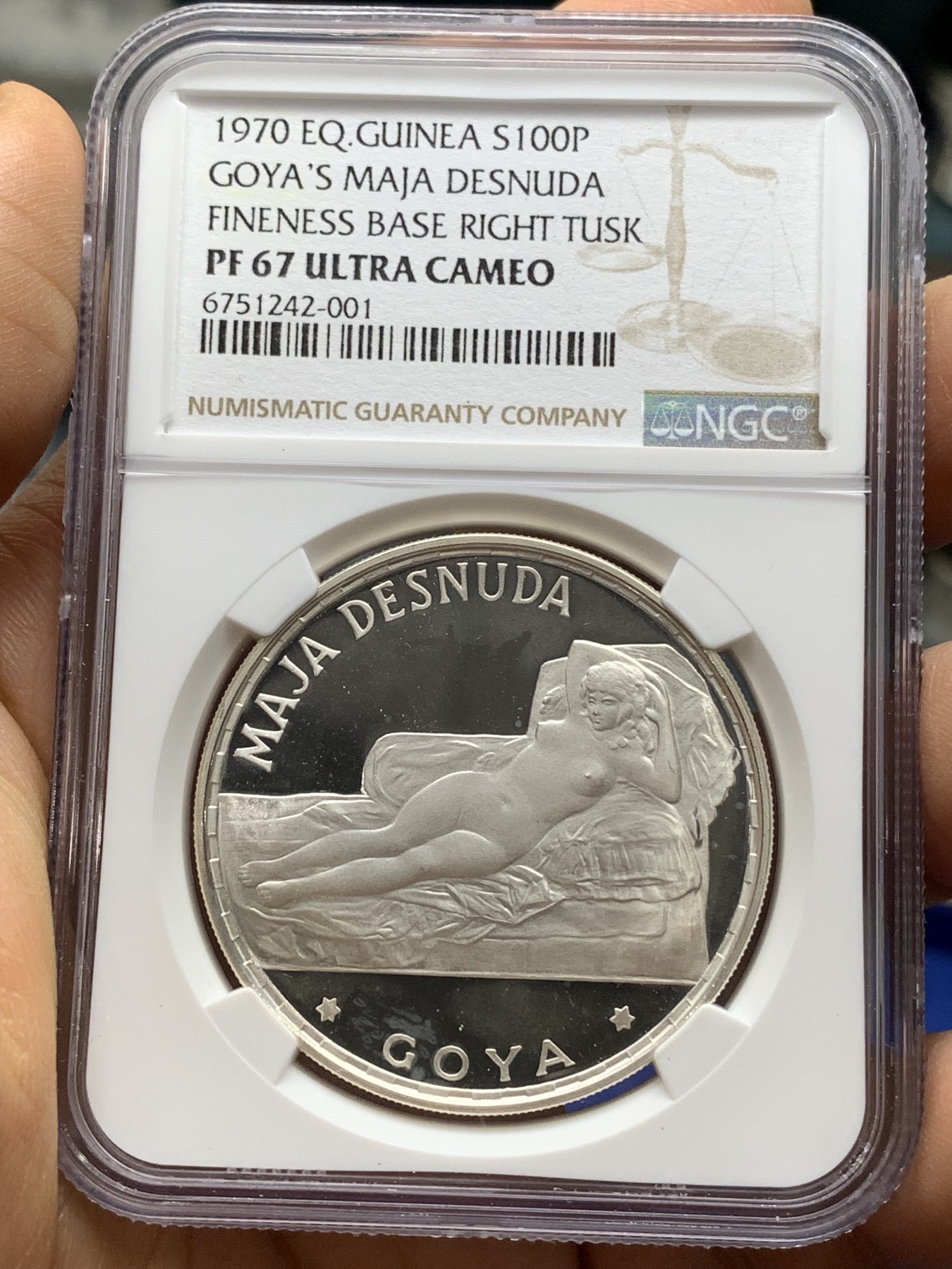 《竞宝斋》第224场-周日，周一，周二 3场 (全场包邮) NGC-PR67UC 赤道几内亚 1970年 戈雅名画 100P精制大银币 漂亮设计