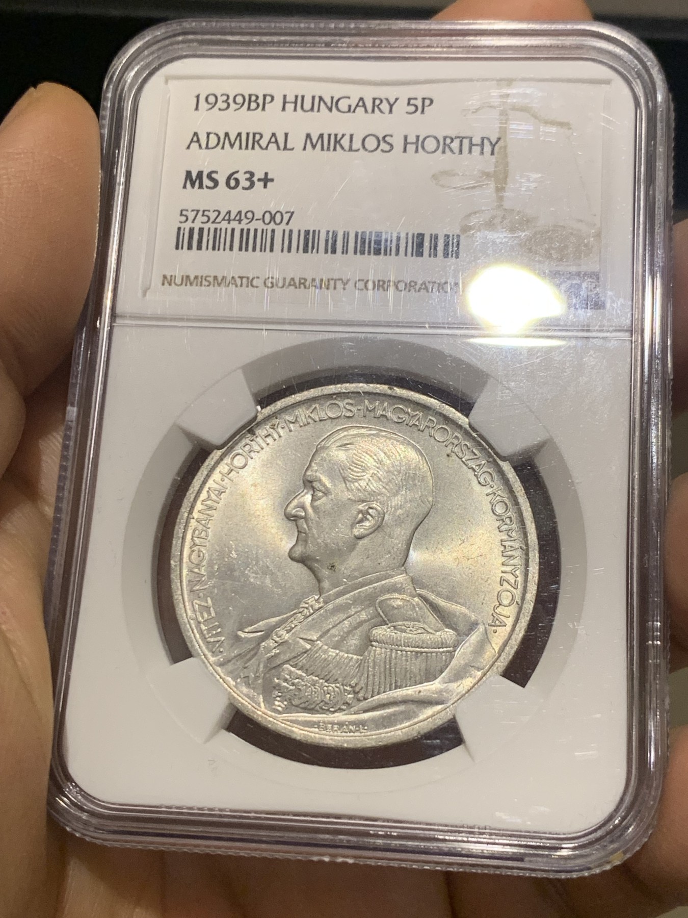 《竞宝斋》第224场-周日，周一，周二 3场 (全场包邮) NGC-MS63+ 1939年BP版匈牙利王国5潘果银币，正面著名摄政王霍尔蒂，高分经典品种