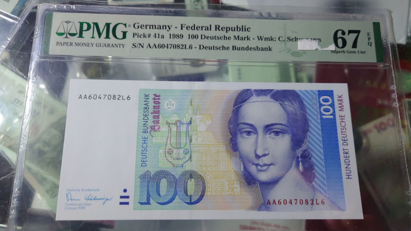 【世界钱币】精选微拍第89期暨2023年第三十六期 最新币展品种(群里卖剩挑剩的)专场 1989年德国100马克 首发AA冠PMG67E