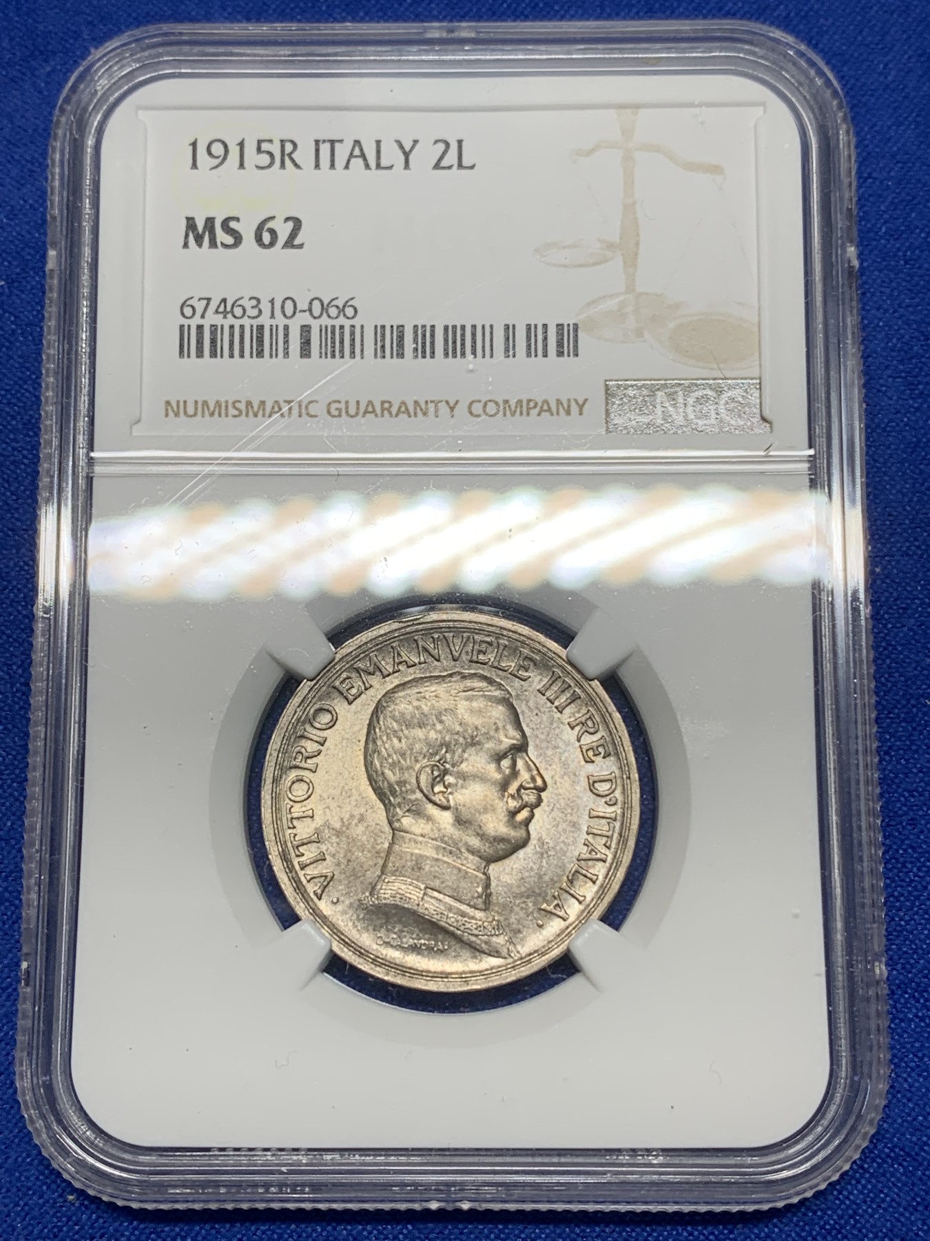 《竞宝斋》第224场-周日，周一，周二 3场 (全场包邮) NGC MS62 意大利1915-R 女神马车 2里拉银币