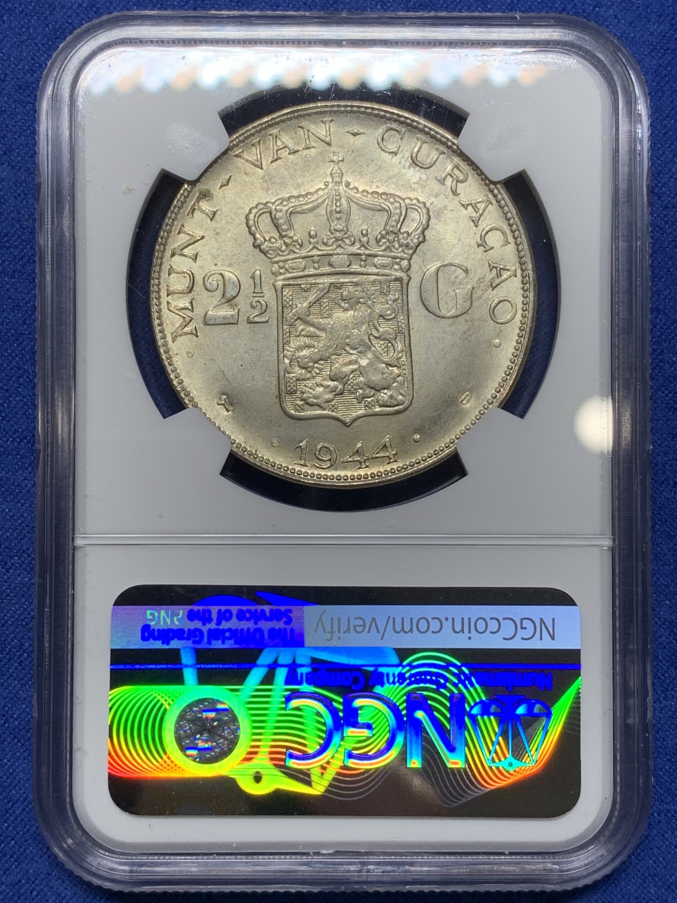 《竞宝斋》第224场-周日，周一，周二 3场 (全场包邮) NGC MS63 荷属库拉索1944D女王威廉明娜2.5盾银币