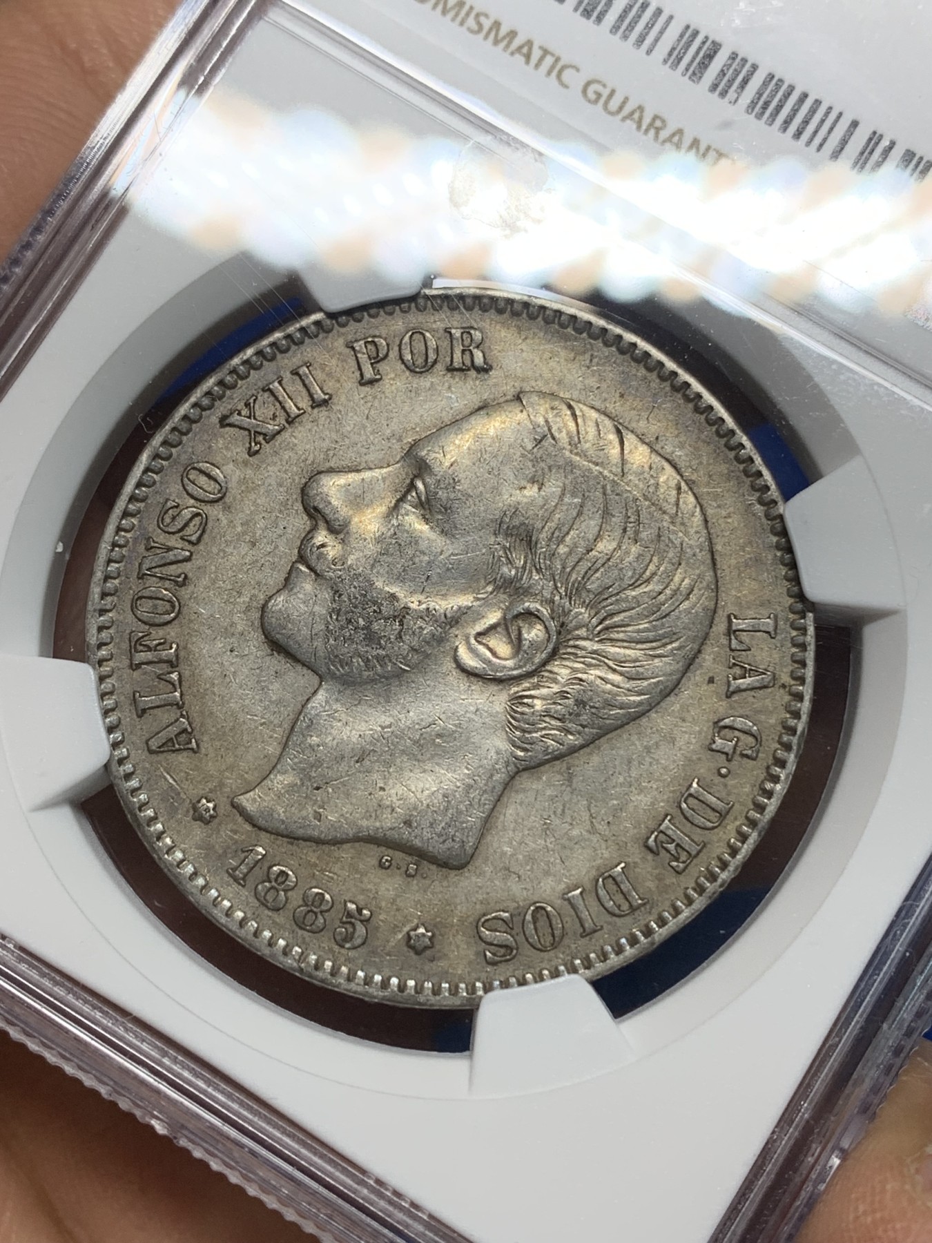 《竞宝斋》第224场-周日，周一，周二 3场 (全场包邮) NGC-XF45 西班牙1885年 阿方索十二世 5比塞塔双柱大银币