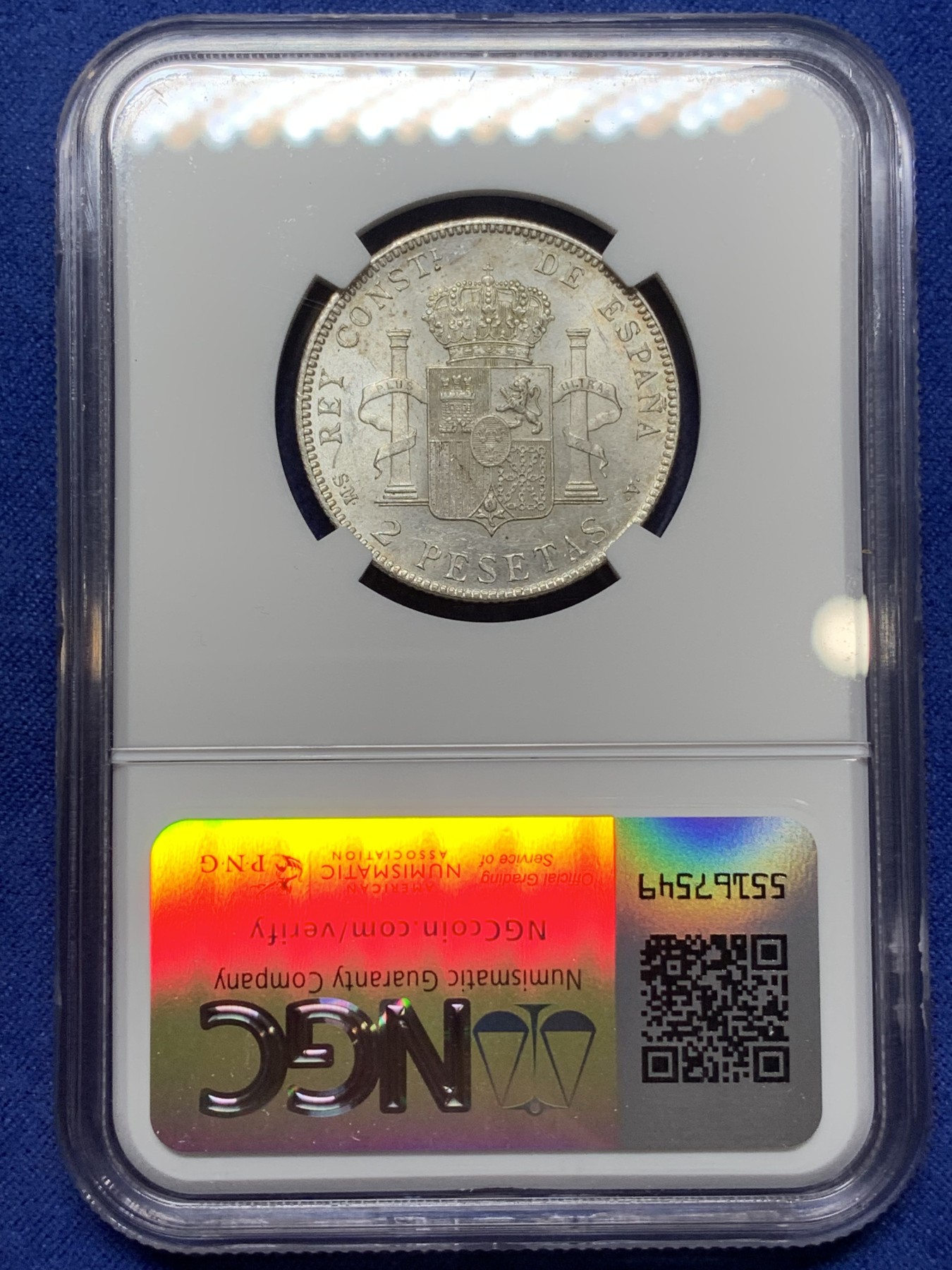 《竞宝斋》第224场-周日，周一，周二 3场 (全场包邮) NGC-MS61 西班牙1905阿方索十三世2比塞塔银币