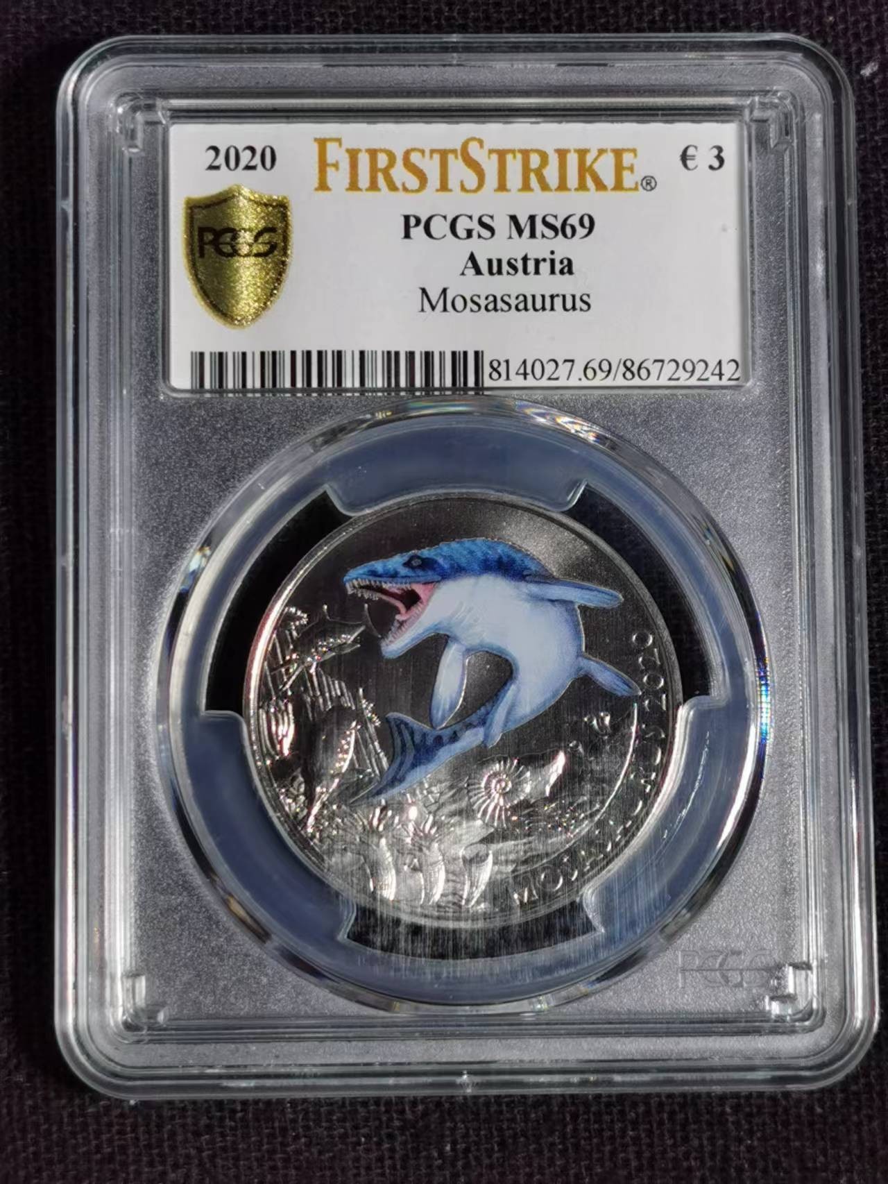 刘世昌艺术品销售中心～虎踞龙蟠*金杨在线联拍群第513期  奥地利2020年恐龙系列～沧龙3欧元【初打】纪念币（PCGS MS69 串号：86729242 ）1枚。