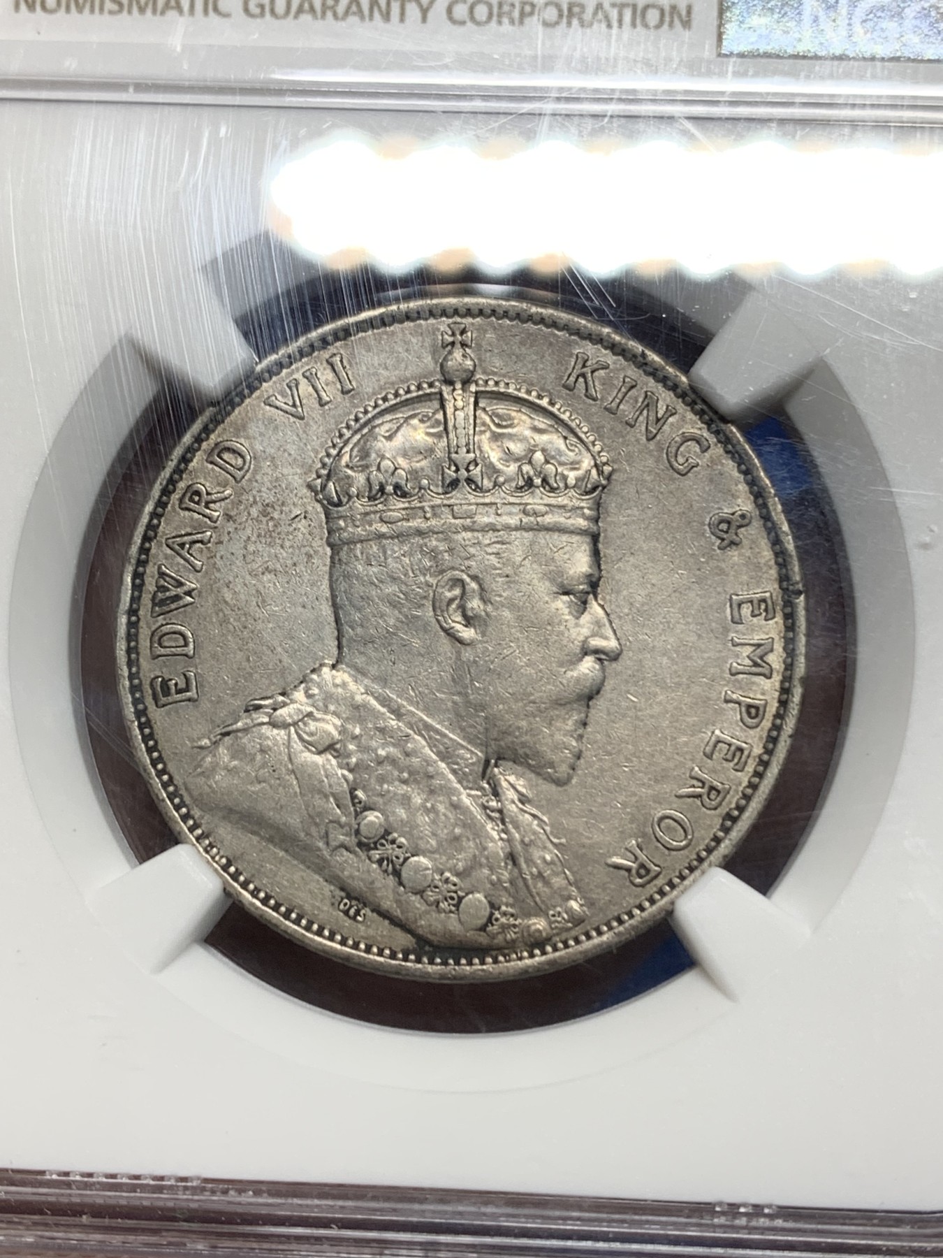 《竞宝斋》第224场-周日，周一，周二 3场 (全场包邮) NGC AU 香港1905年爱德华七世50分半圆银币