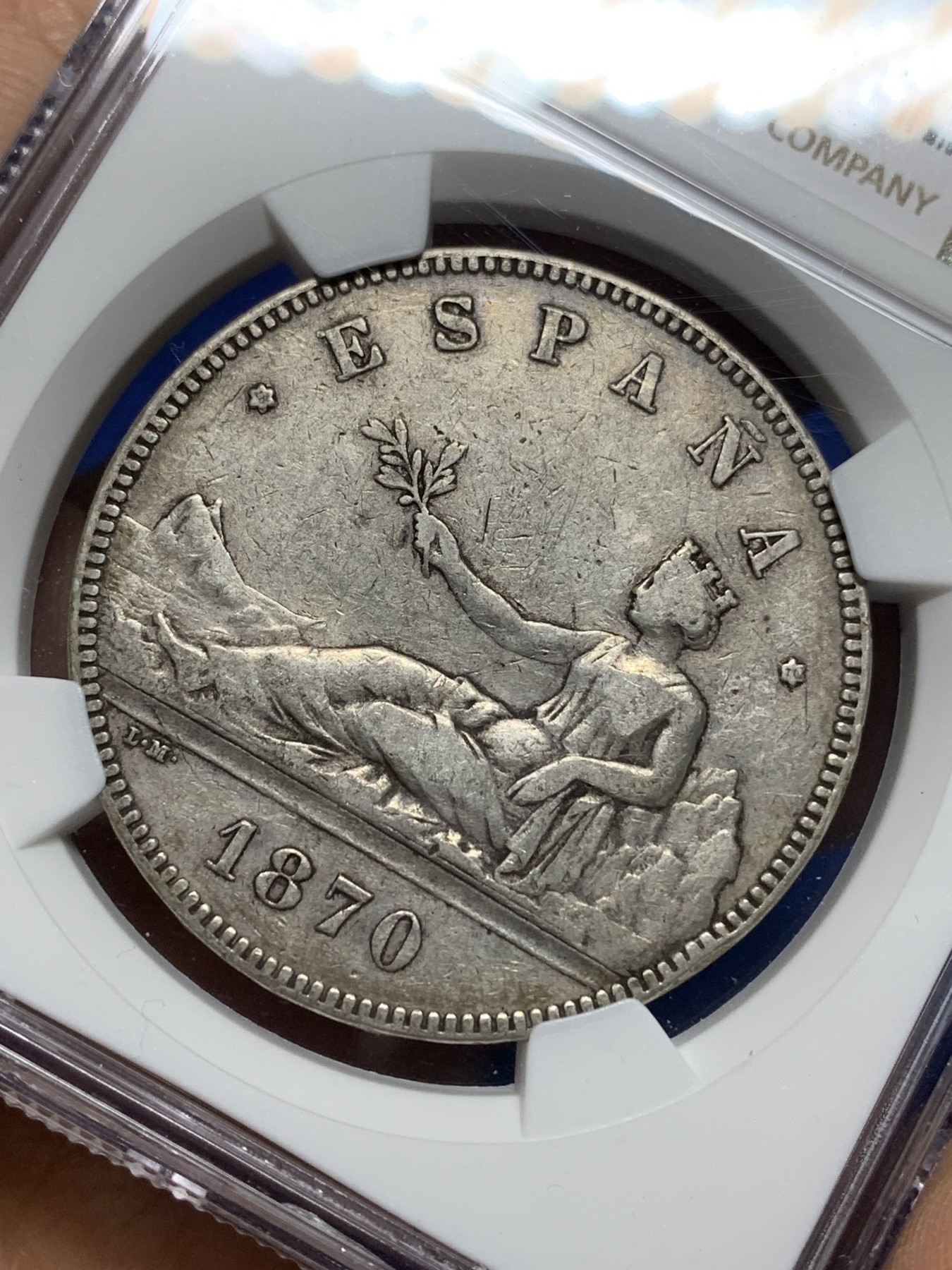 《竞宝斋》第224场-周日，周一，周二 3场 (全场包邮) NGC VF35 西班牙1870年拿花5比塞塔大银币