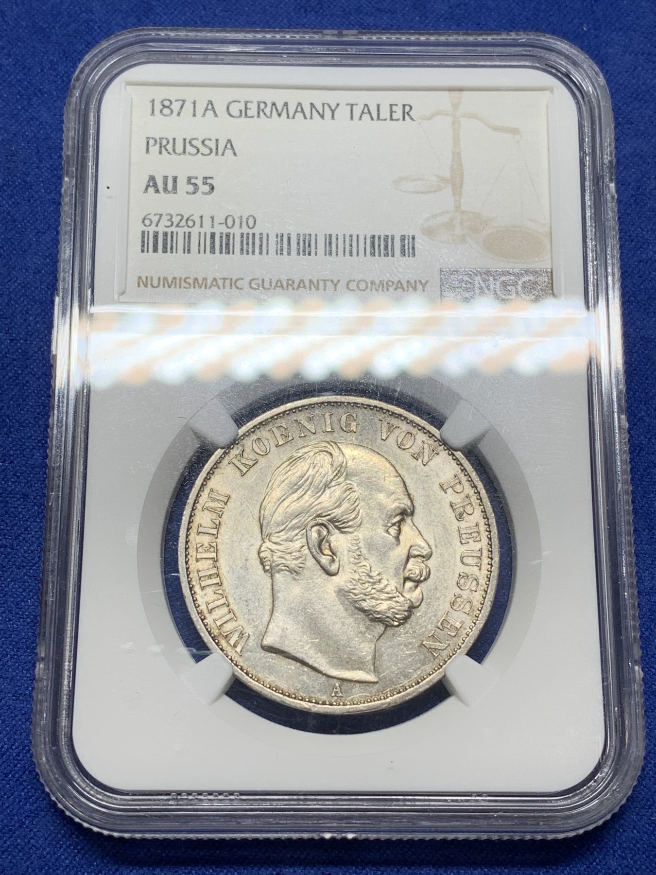 《竞宝斋》第224场-周日，周一，周二 3场 (全场包邮) NGC-AU55 德国1871年A普鲁士胜利泰勒，原味包浆 58分的状态 确实低评了