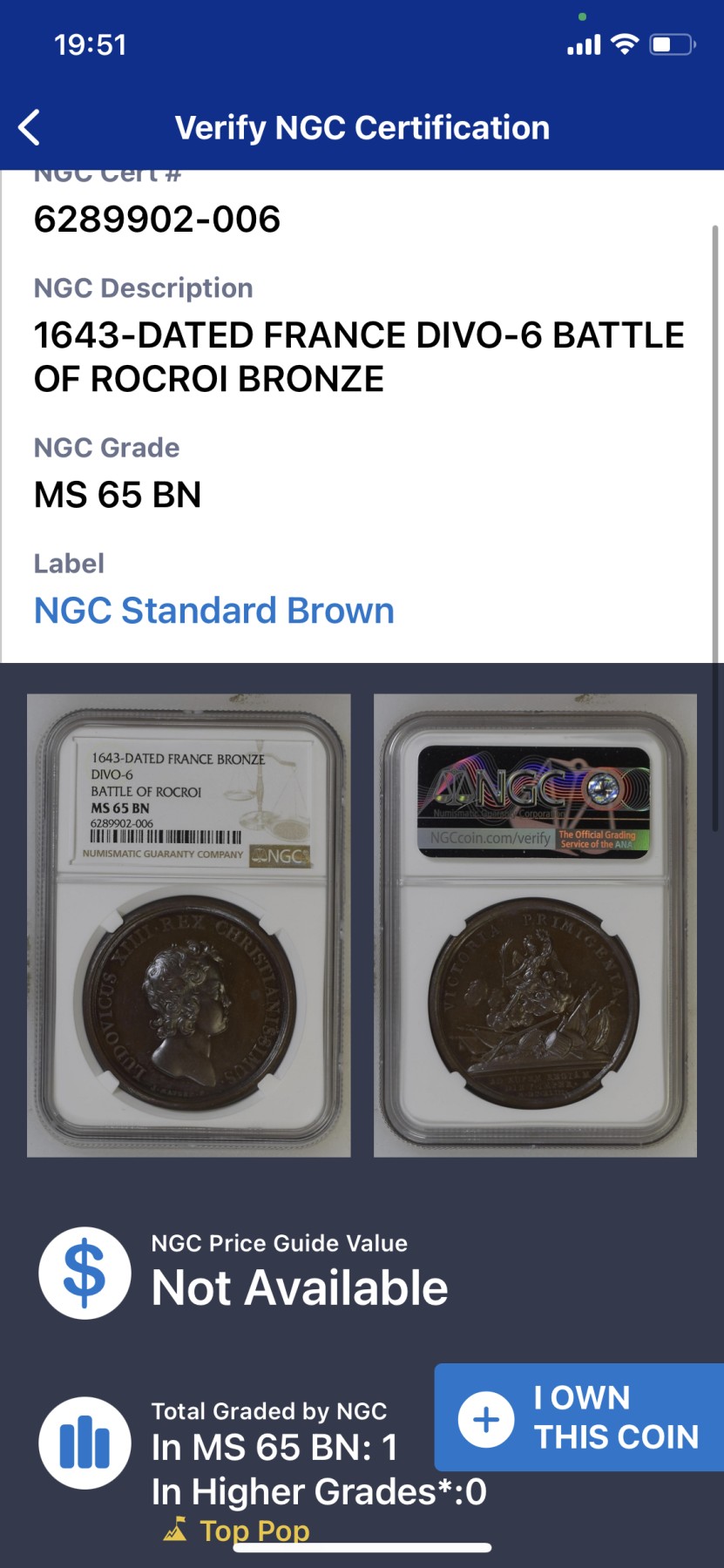 《竞宝斋》第224场-周日，周一，周二 3场 (全场包邮) 唯一冠军分 NGC MS65 法国1643年太阳王路易十四小孩版罗克罗伊之战纪念铜章