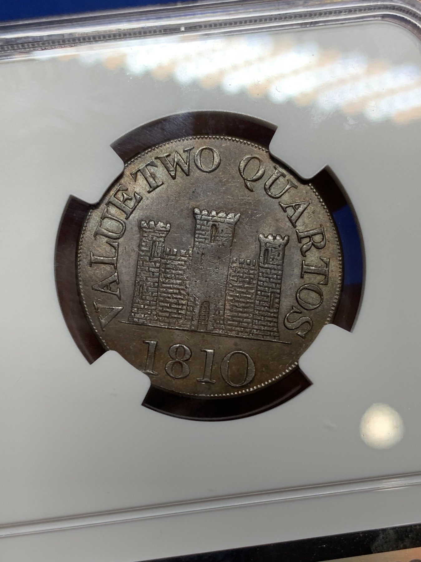 《竞宝斋》第224场-周日，周一，周二 3场 (全场包邮) 唯一冠军分 NGC MS63 BN 英属直布罗陀 1810  小字版 2夸脱 铜币 单年单版 稀见品种