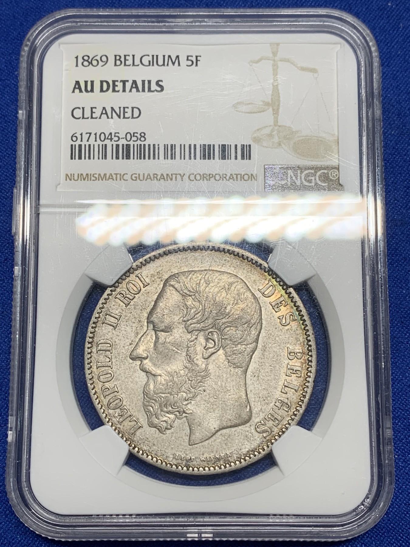 《竞宝斋》第224场-周日，周一，周二 3场 (全场包邮) NGC-AUD 比利时 1869年大胡子利奥波德5法郎银币 包浆极好，适合砸盒子把玩