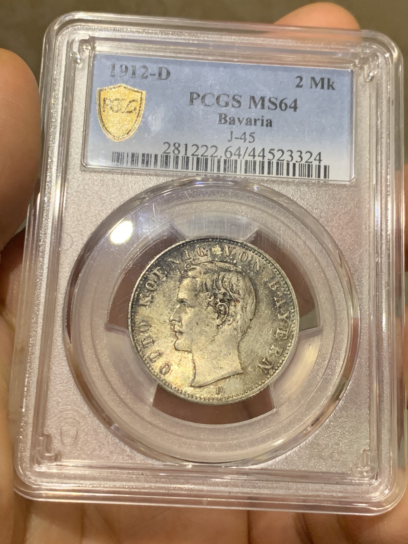 《竞宝斋》第224场-周日，周一，周二 3场 (全场包邮) PCGS MS64 德国 1912 巴伐利亚2马克银币 原味老包浆