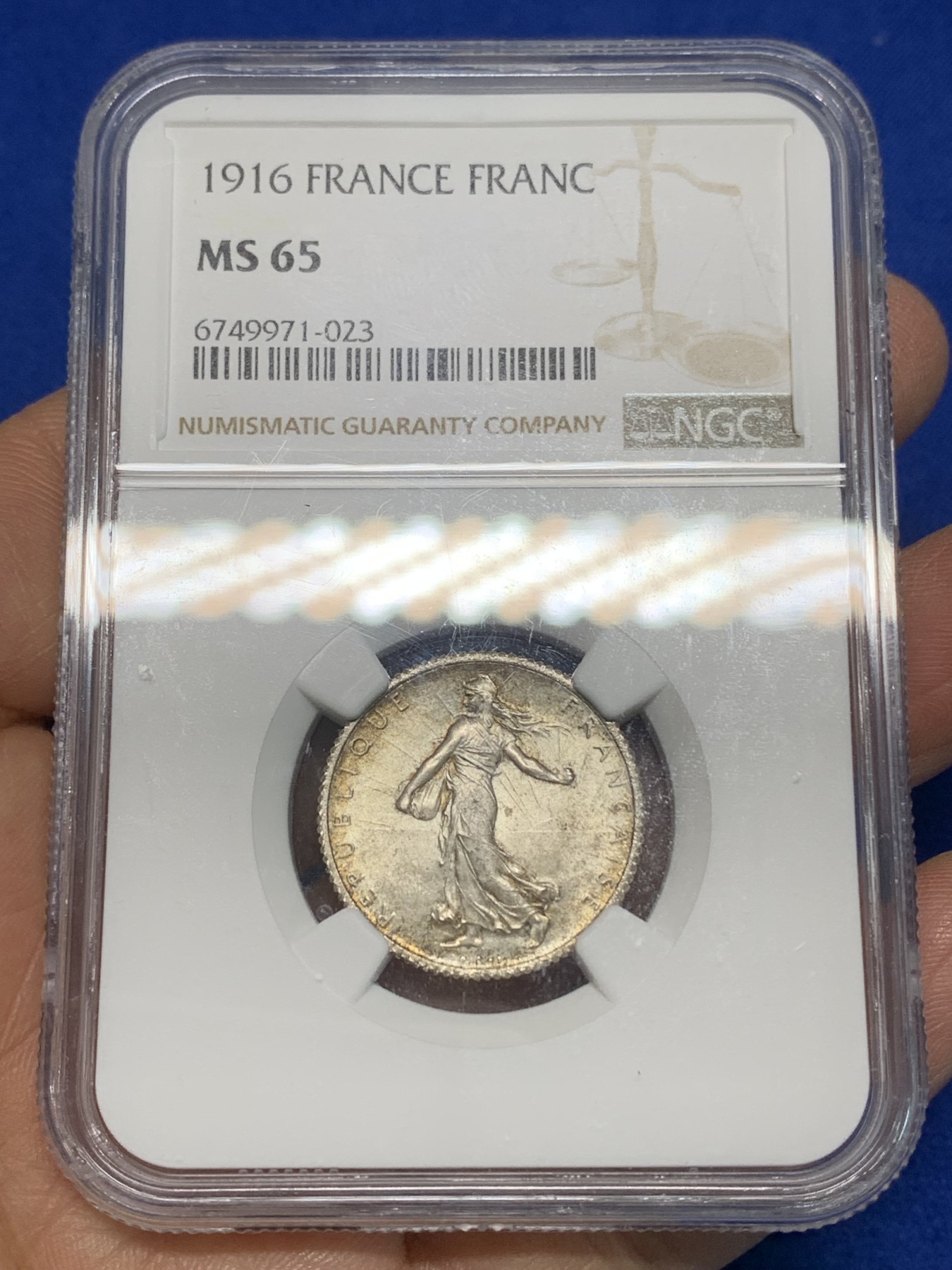 《竞宝斋》第224场-周日，周一，周二 3场 (全场包邮) NGC MS65 法国1916年播种女神1法郎银币 高分不易 值得收藏