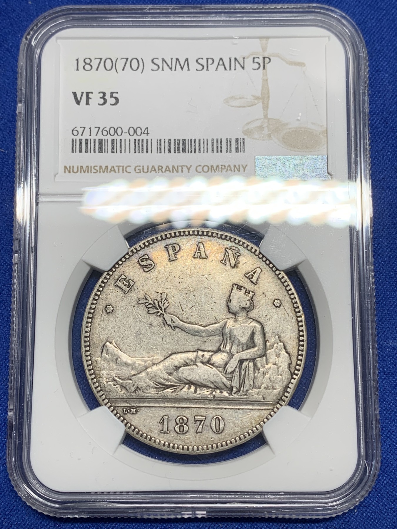 《竞宝斋》第224场-周日，周一，周二 3场 (全场包邮) NGC VF35 西班牙1870年拿花5比塞塔大银币