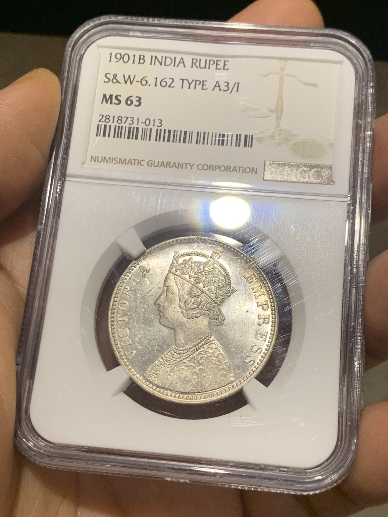 《竞宝斋》第224场-周日，周一，周二 3场 (全场包邮) NGC MS63 英属印度1901年B版维多利亚1卢比银币，少见小版别亚军分，更高64就2枚