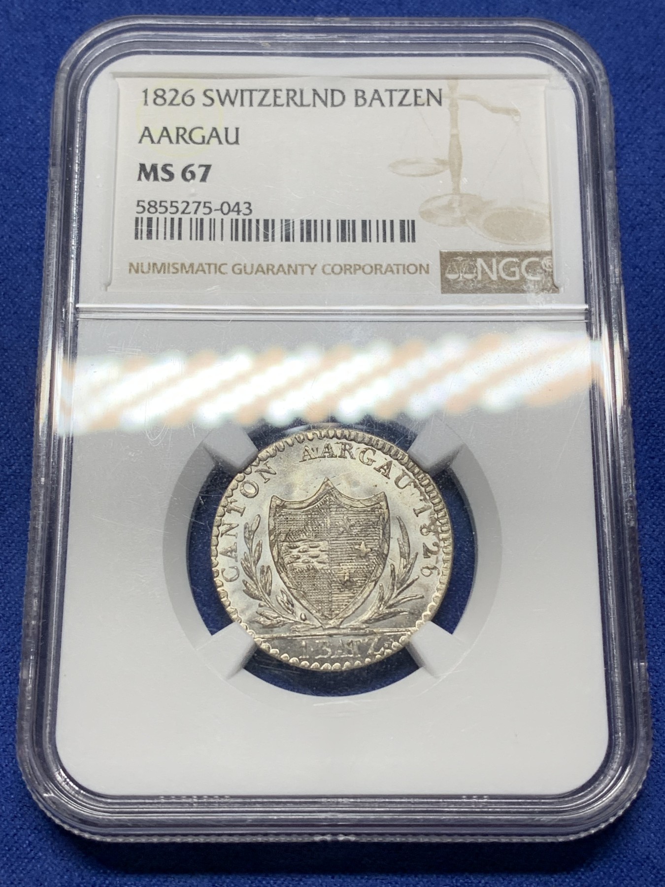 《竞宝斋》第224场-周日，周一，周二 3场 (全场包邮) NGC-MS67 1826年瑞士阿尔高1巴增银币 极品，冠军分，底板完美，近200年历史的币还能保存的如此之好，非常难得