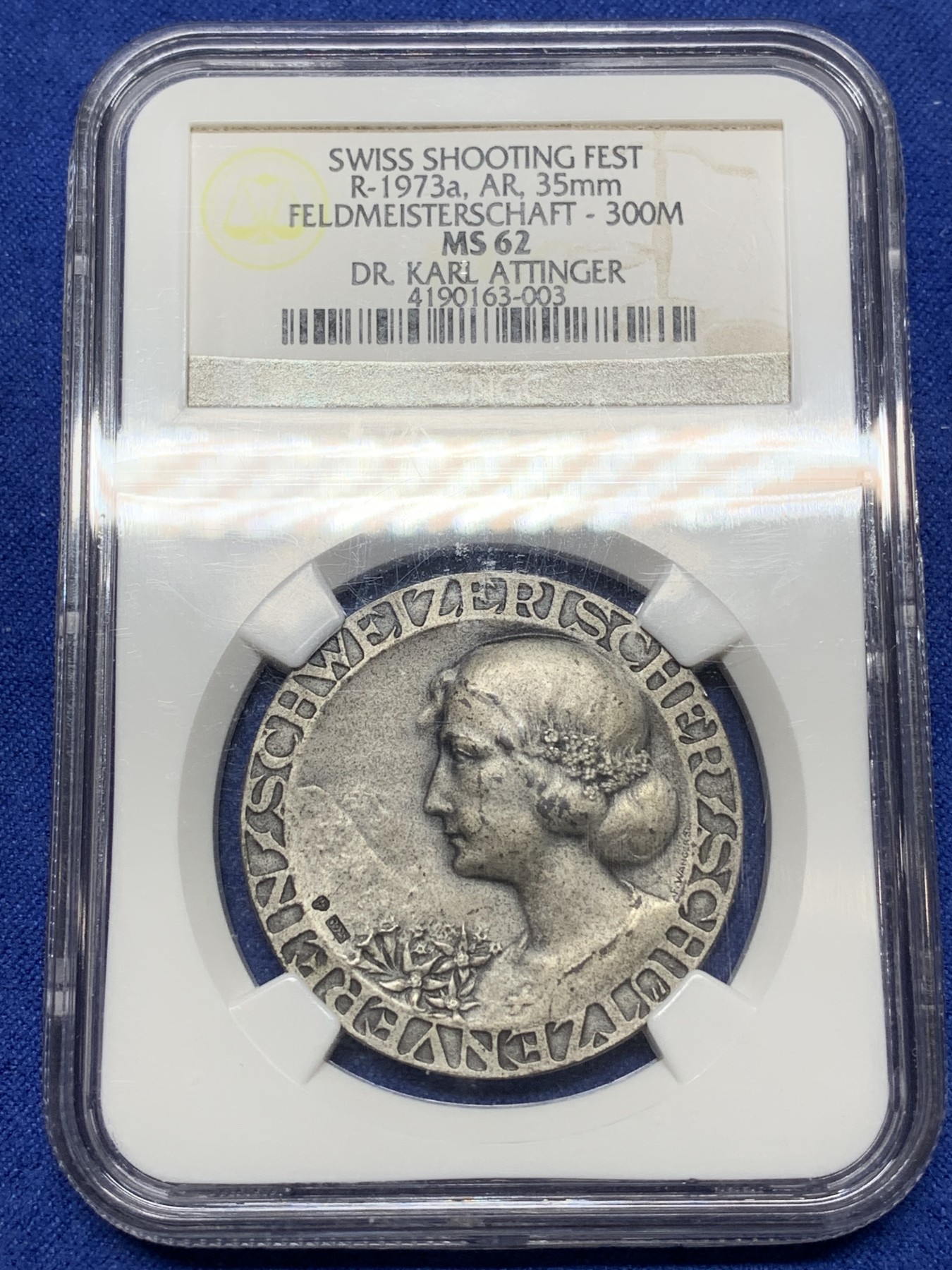 《竞宝斋》第224场-周日，周一，周二 3场 (全场包邮) NGC-MS62 瑞士 1920-30年 射击节女神银章 NGC老盒
