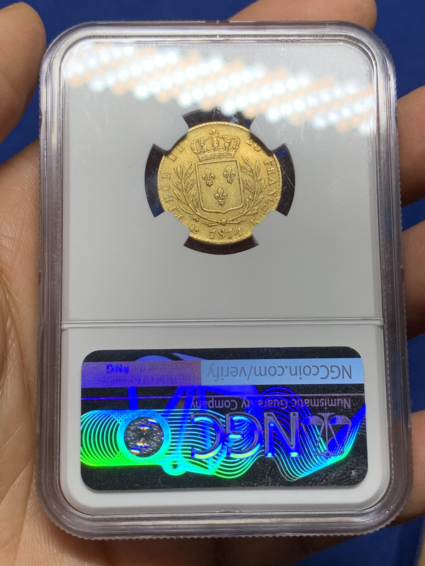 《竞宝斋》第224场-周日，周一，周二 3场 (全场包邮) NGC AU53 法国1814年K版路易十八军装20法郎金币，少见厂