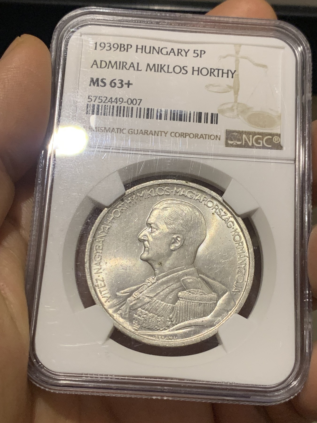 《竞宝斋》第224场-周日，周一，周二 3场 (全场包邮) NGC-MS63+ 1939年BP版匈牙利王国5潘果银币，正面著名摄政王霍尔蒂，高分经典品种