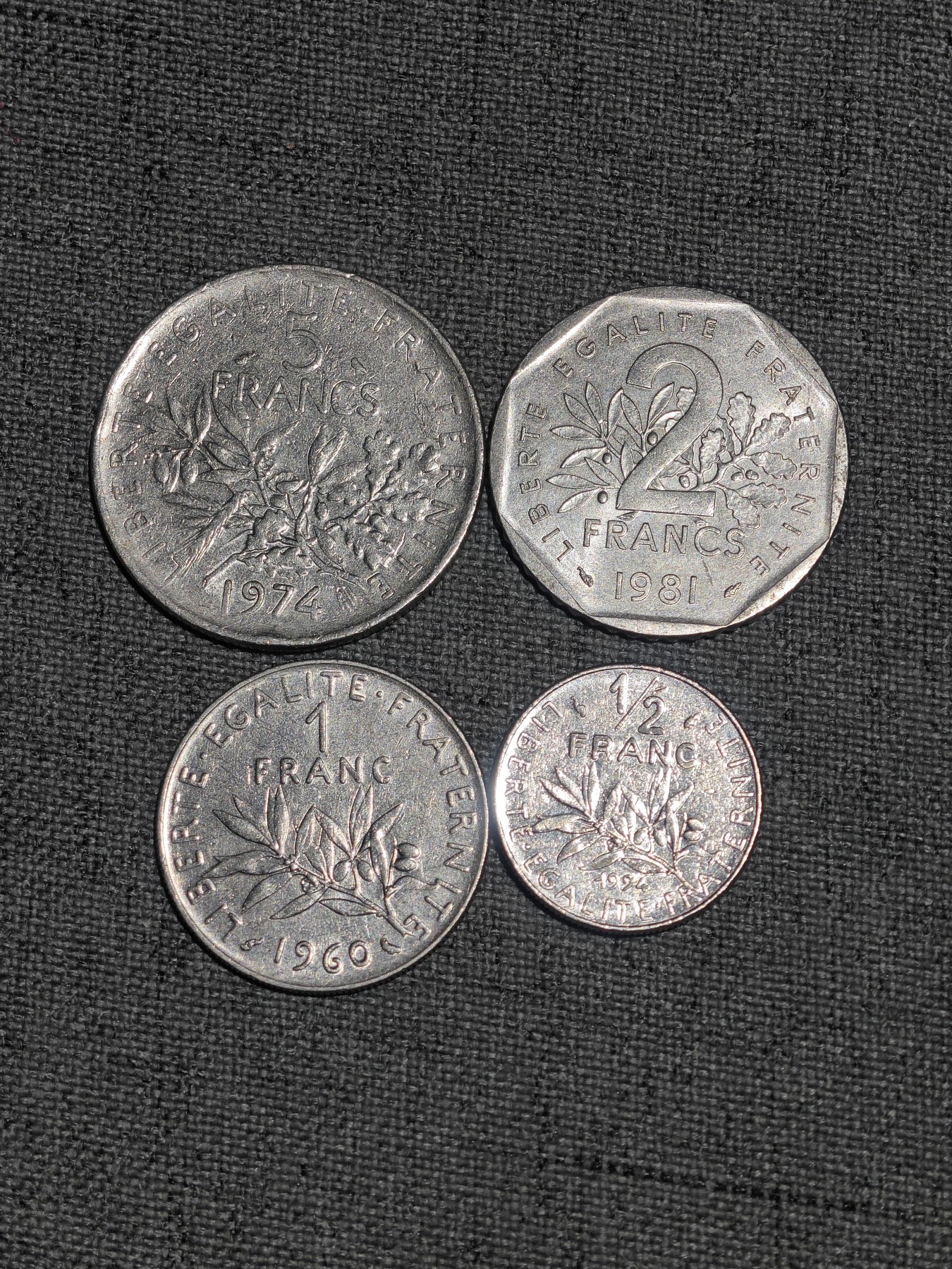 外国硬币收藏第5期 法国老版播种女神5、2、1、0.5法郎4枚