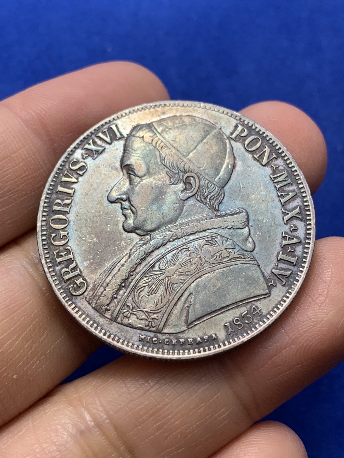 《竞宝斋》第224场-周日，周一，周二 3场 (全场包邮) 意大利教皇国1834年耶稣诞生纪念1斯库多大银币 原味好品