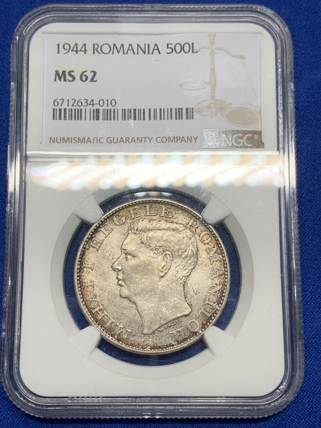 《竞宝斋》第224场-周日，周一，周二 3场 (全场包邮) NGC-MS62 1944年罗马尼亚500L银币，双面深彩环彩包浆，带原光