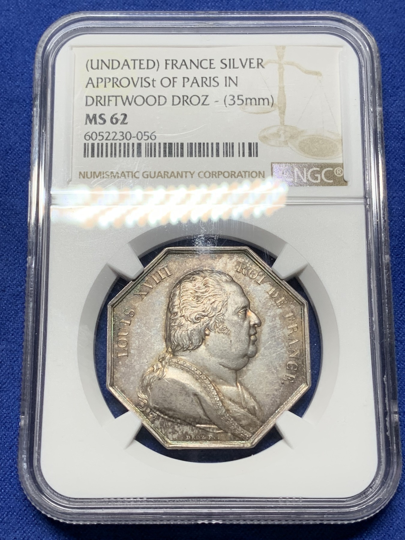 《竞宝斋》第224场-周日，周一，周二 3场 (全场包邮) NGC MS62 法国路易十八巴黎木材运输公司八角银章