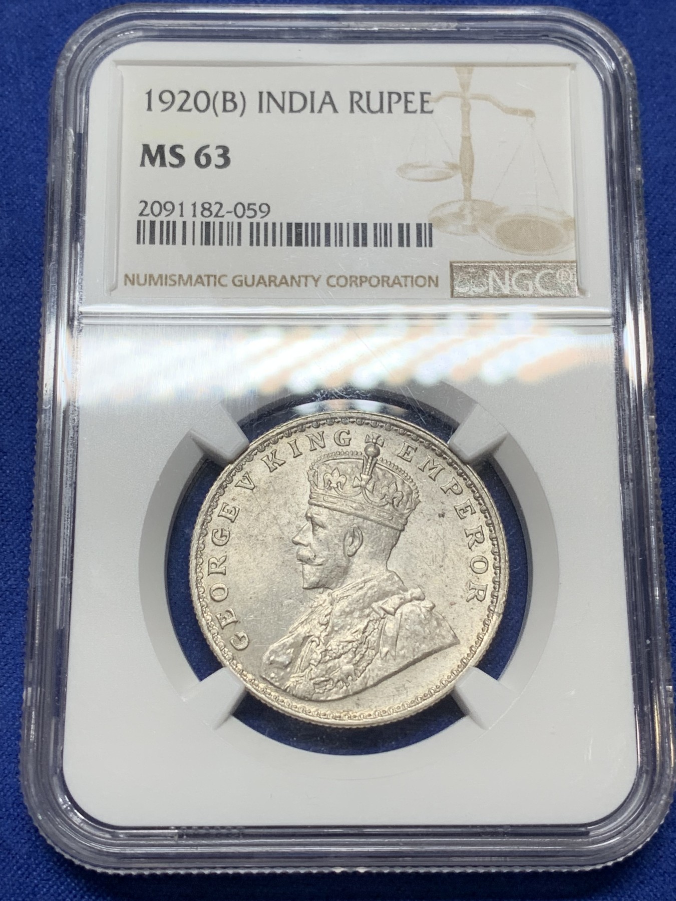 《竞宝斋》第224场-周日，周一，周二 3场 (全场包邮) NGC MS63 英属印度1920年B版孟买厂乔五1卢比银币