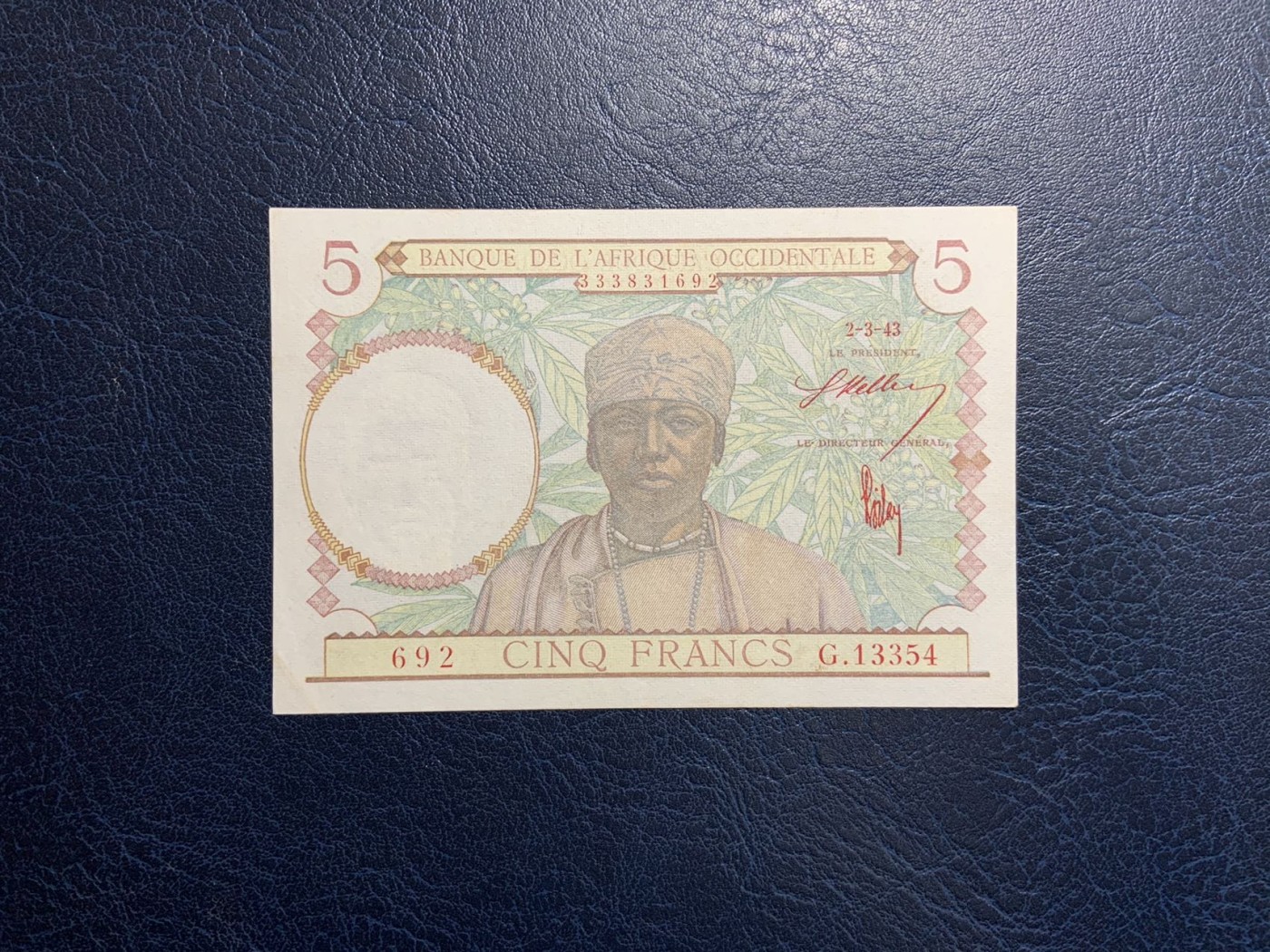 收藏联盟Quantum Auction 第312期拍卖  法属西非1943年5法郎 品相UNC-    稀少红色签名版