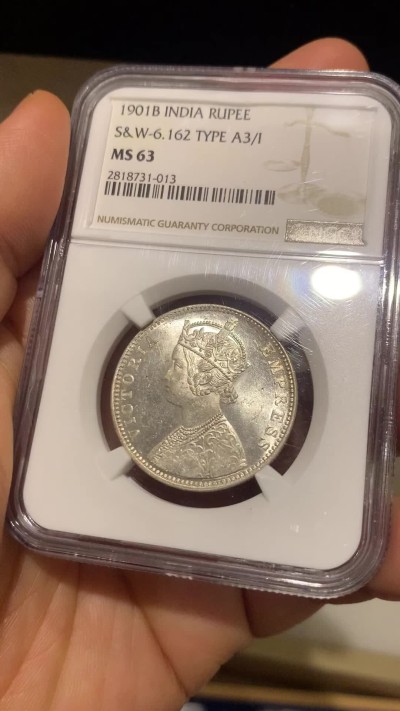 《竞宝斋》第224场-周日，周一，周二 3场 (全场包邮) NGC MS63 英属印度1901年B版维多利亚1卢比银币，少见小版别亚军分，更高64就2枚