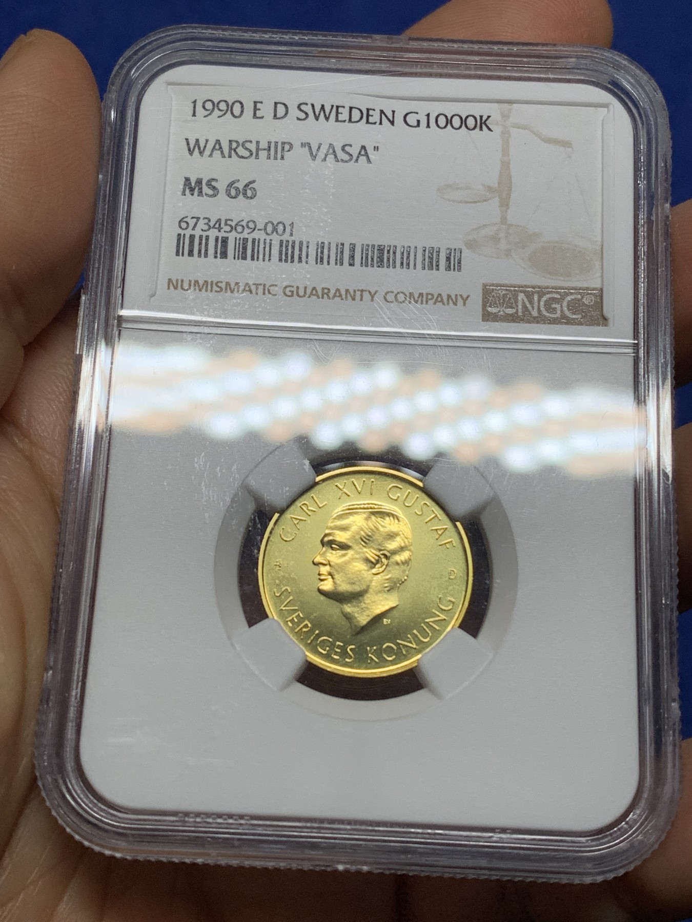 《竞宝斋》第224场-周日，周一，周二 3场 (全场包邮) NGC-MS66 瑞典1990年瓦萨号战舰1000克朗金币 5.8克 900金 少见品种 品相极好