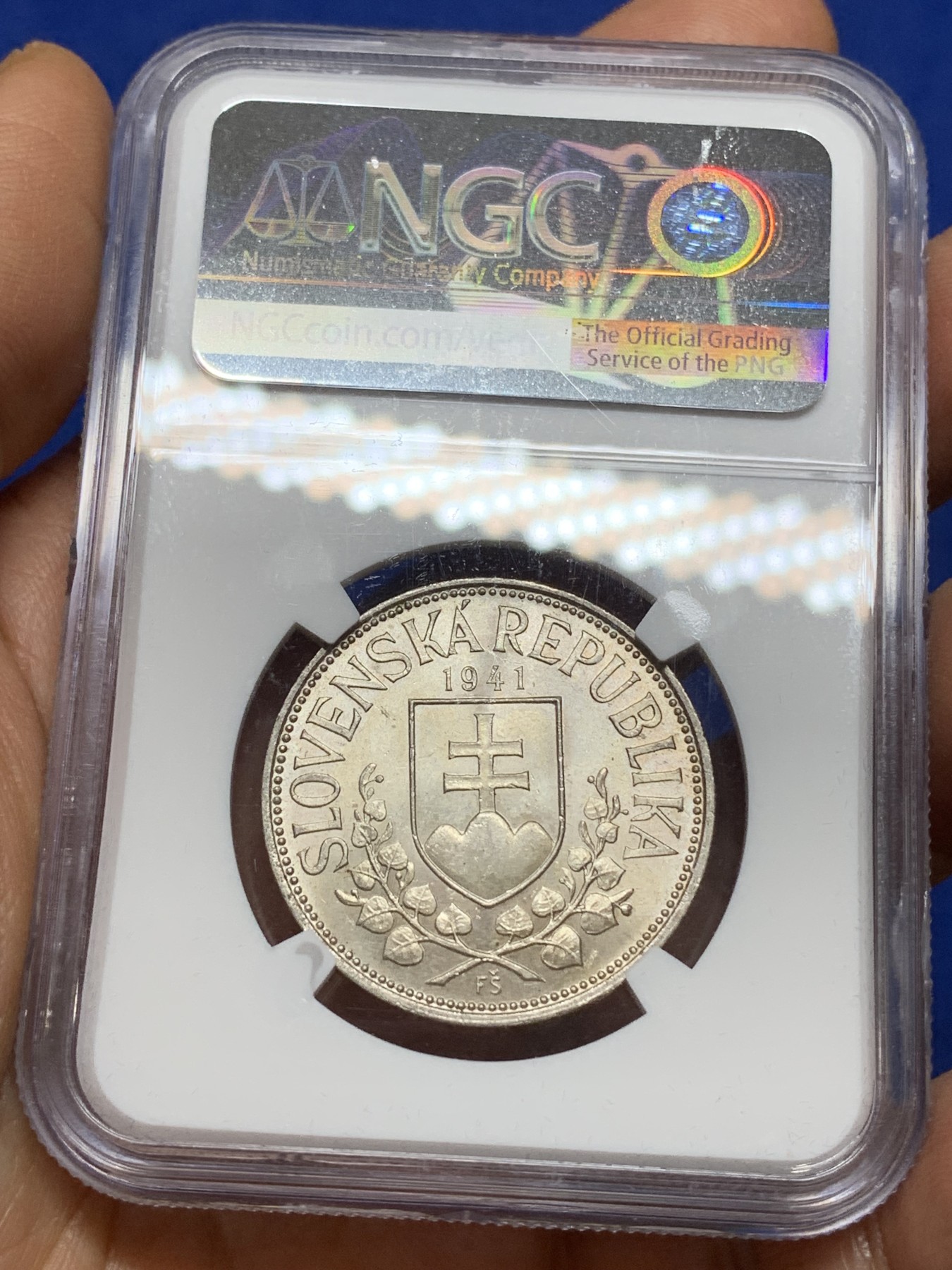 《竞宝斋》第224场-周日，周一，周二 3场 (全场包邮) NGC-MS63 1941年斯洛伐克双主教20克朗银币，带银光车轮转光，品相不错