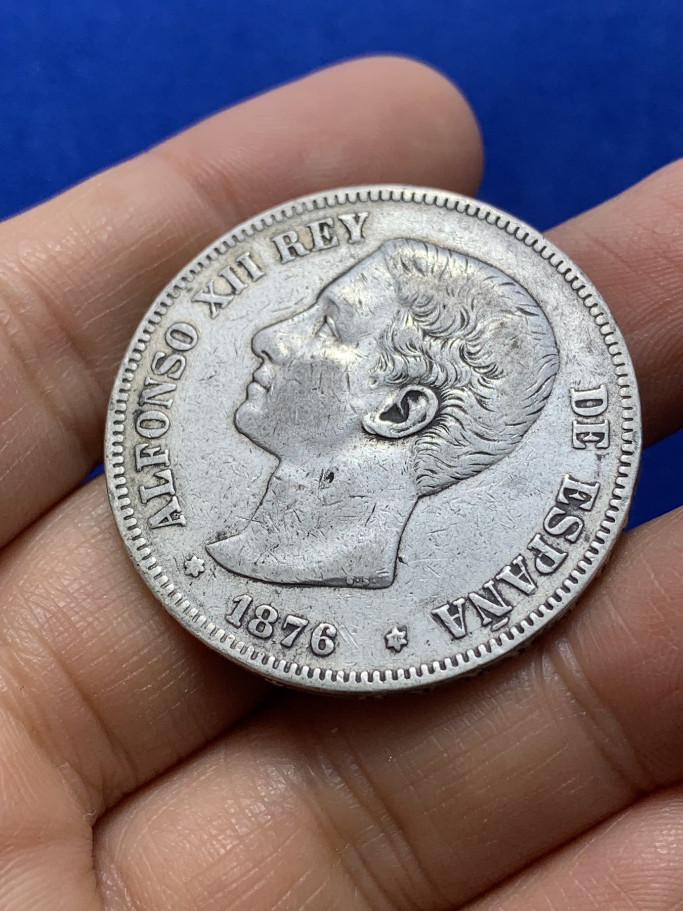 《竞宝斋》第224场-周日，周一，周二 3场 (全场包邮) 西班牙1876年阿方索十二世5比塞塔银币