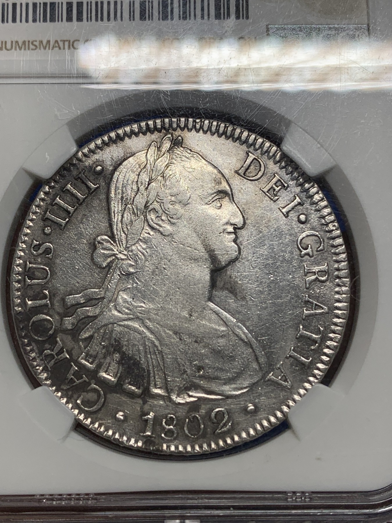 《竞宝斋》第224场-周日，周一，周二 3场 (全场包邮) NGC-XFD 西属墨西哥 1802年 8R 卡洛斯四世双柱 银币 底板干净