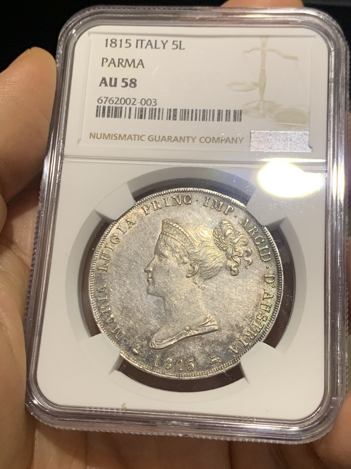 《竞宝斋》第224场-周日，周一，周二 3场 (全场包邮) NGC AU58 意大利1815年帕尔马5里拉银币，原味好细节，性价比好，近年热门品种，日本AW拍卖的63分达到了创纪录4.5万人民币