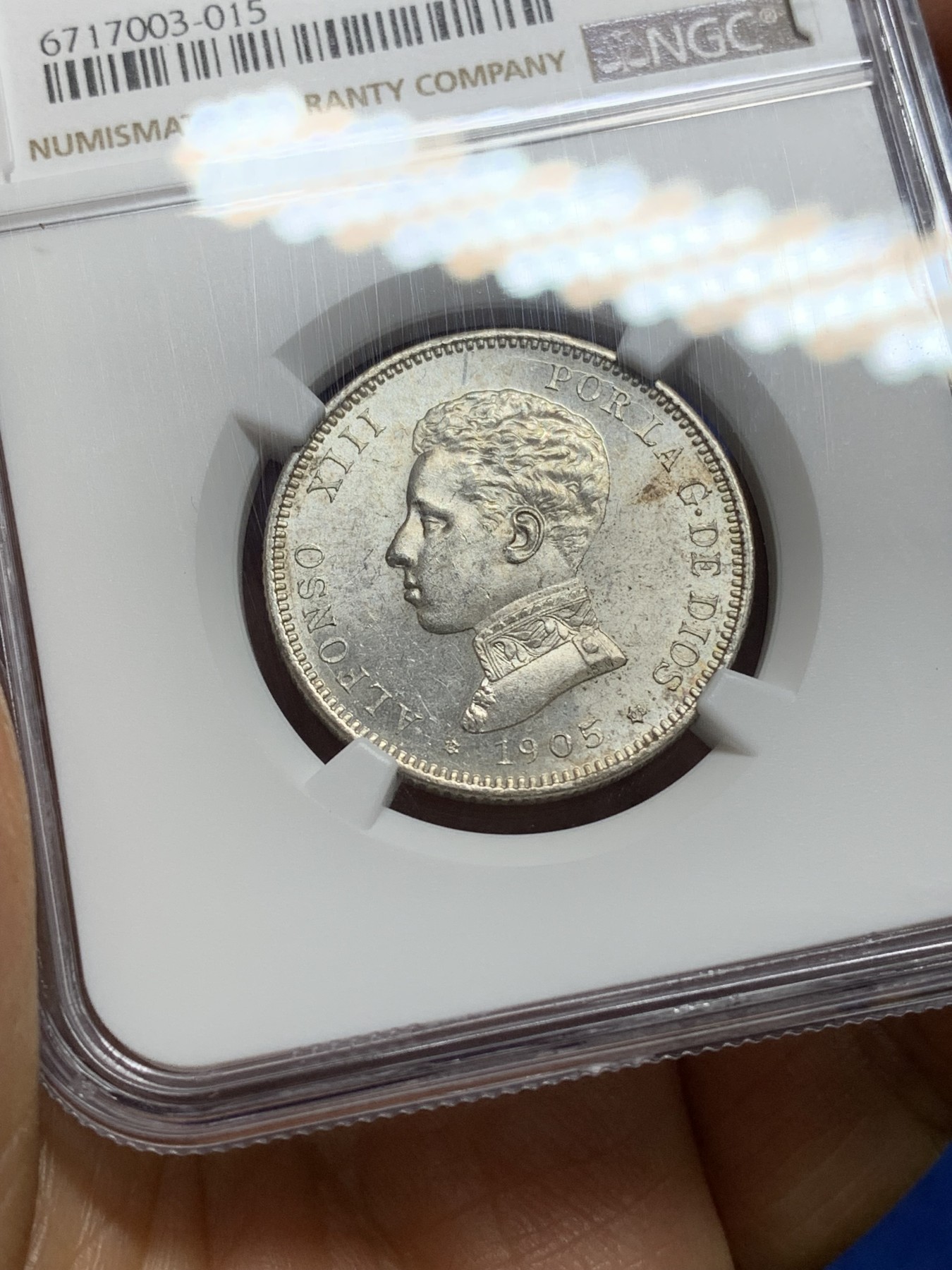 《竞宝斋》第224场-周日，周一，周二 3场 (全场包邮) NGC-MS61 西班牙1905阿方索十三世2比塞塔银币