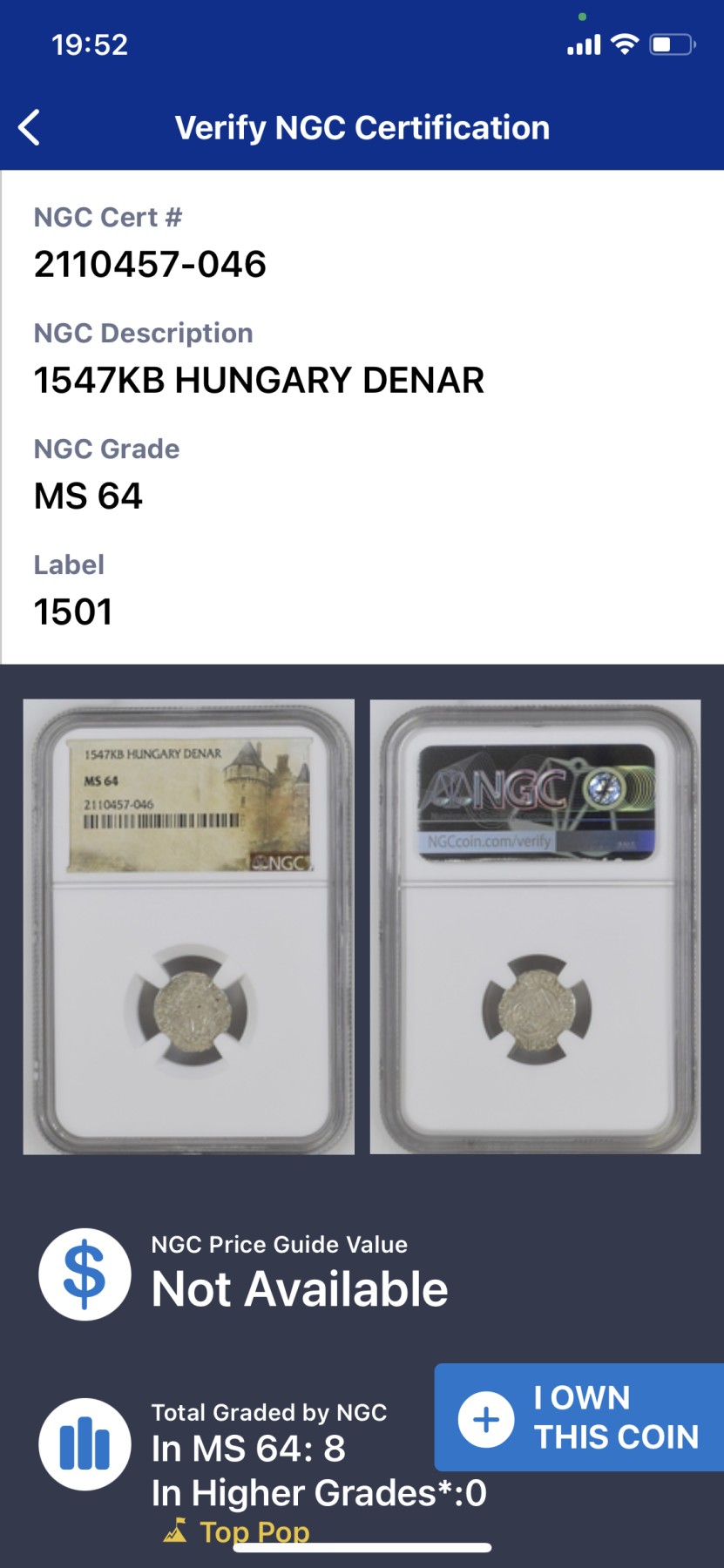 《竞宝斋》第224场-周日，周一，周二 3场 (全场包邮) NGC MS64 冠军分 匈牙利1547年KB版圣母抱子1第纳尔银币