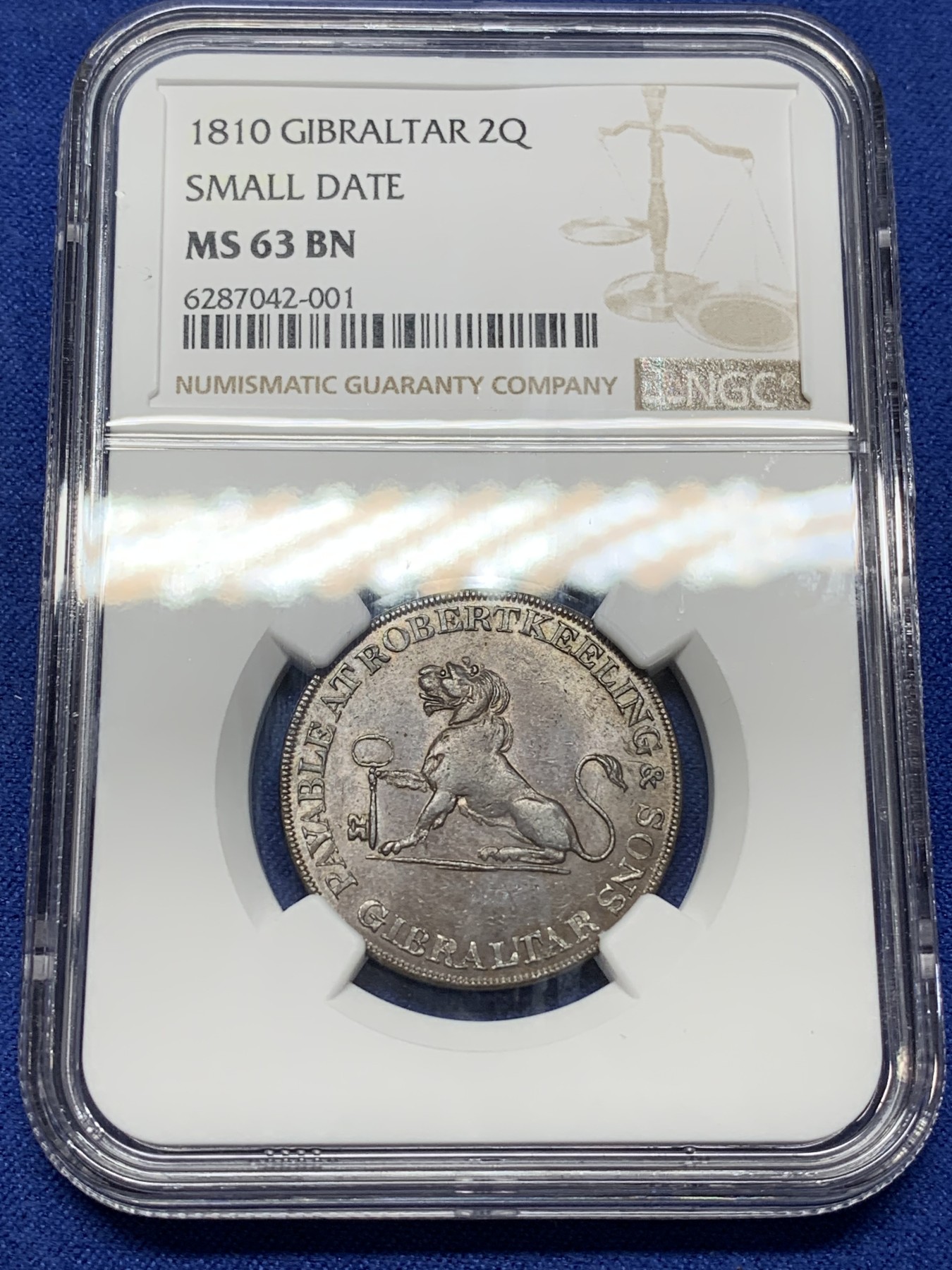 《竞宝斋》第224场-周日，周一，周二 3场 (全场包邮) 唯一冠军分 NGC MS63 BN 英属直布罗陀 1810  小字版 2夸脱 铜币 单年单版 稀见品种