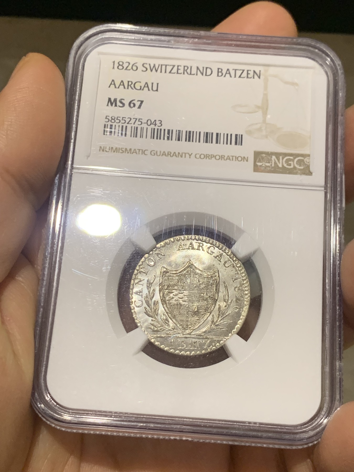 《竞宝斋》第224场-周日，周一，周二 3场 (全场包邮) NGC-MS67 1826年瑞士阿尔高1巴增银币 极品，冠军分，底板完美，近200年历史的币还能保存的如此之好，非常难得
