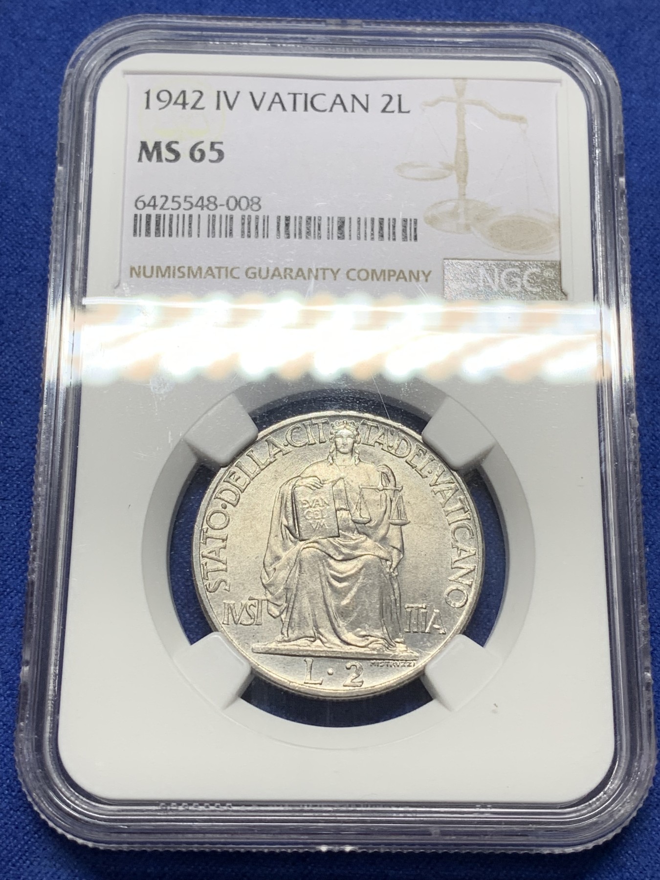 《竞宝斋》第224场-周日，周一，周二 3场 (全场包邮) NGC MS65 梵蒂冈1942年2里拉，高分好品